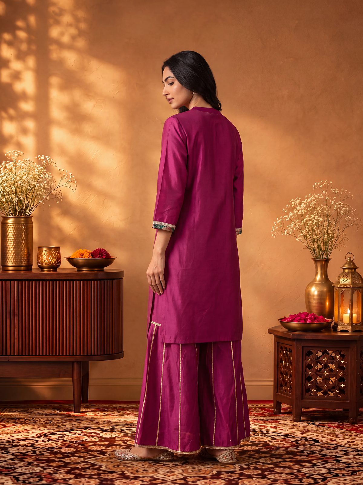 Women Fuchsia Solid Kurta Sharara Dupatta