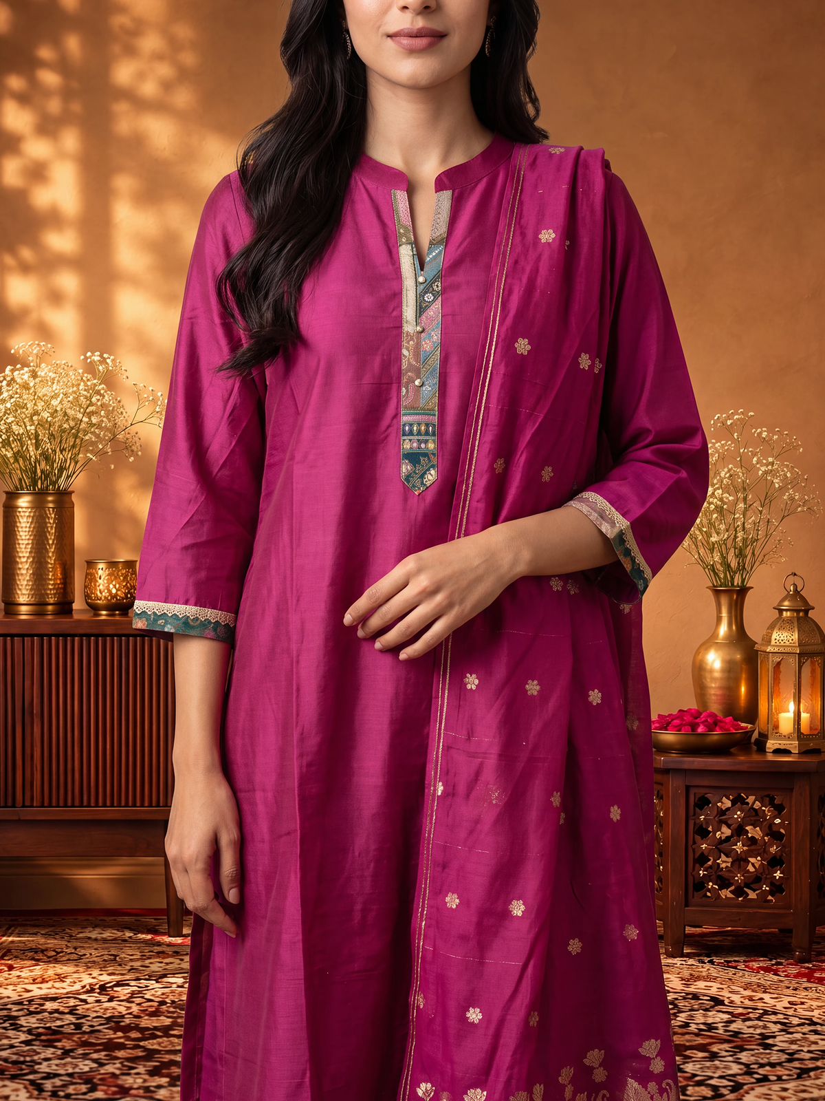 Women Fuchsia Solid Kurta Sharara Dupatta