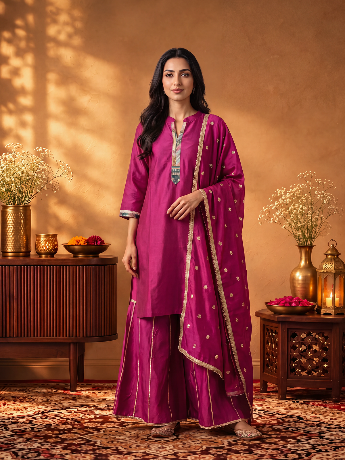 Women Fuchsia Solid Kurta Sharara Dupatta