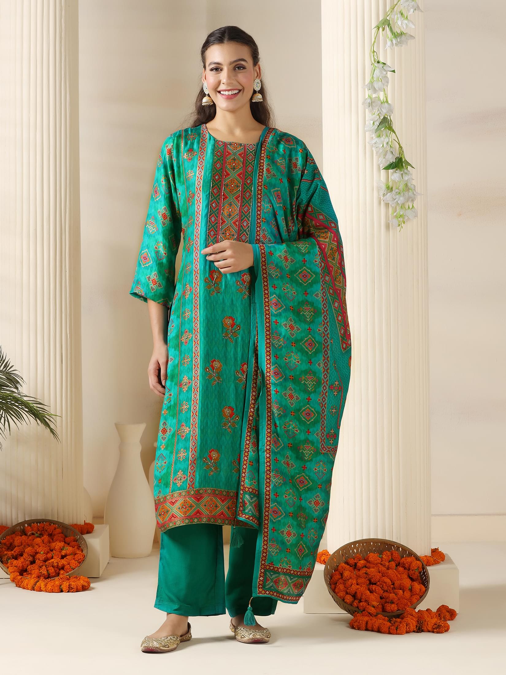 Turquoise blue woven jacquard Dola silk traditional straight line suit set
