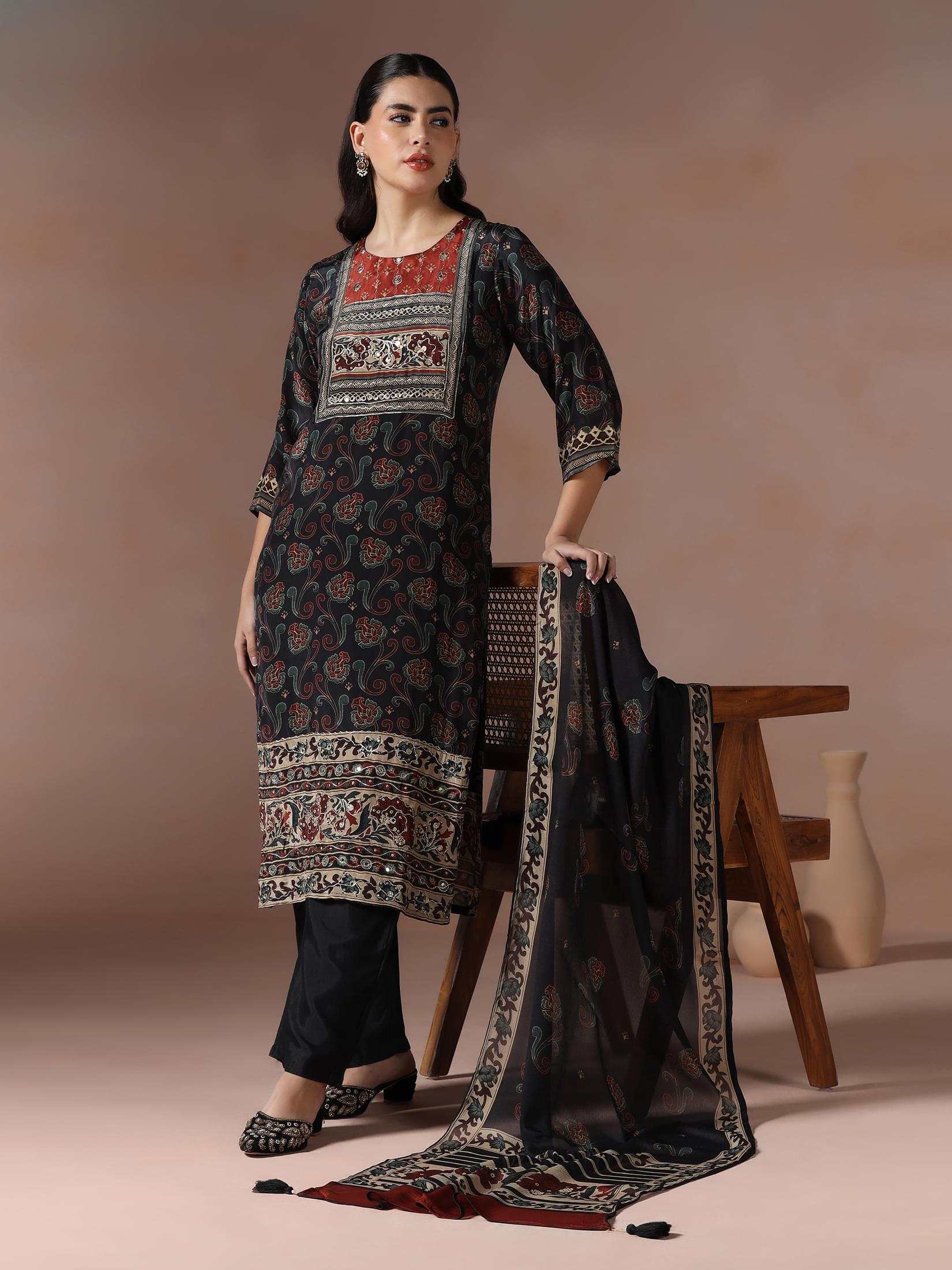 Women Muslin Black Ajrakh Print Kurta Comfort Pant Dupatta.