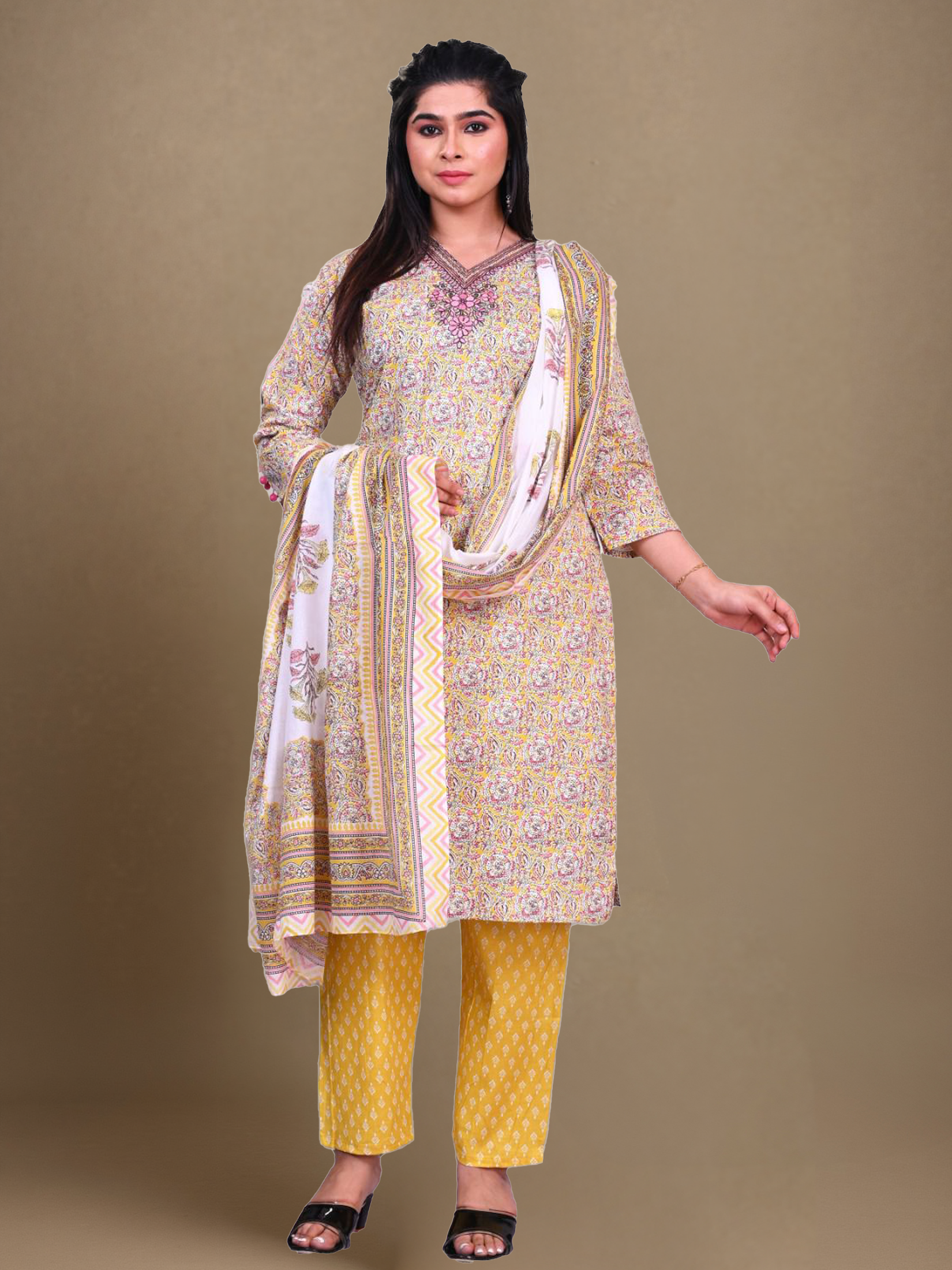 Indiessence Women Cotton Yellow Embroidered Kurta Comfort Pant Dupatta