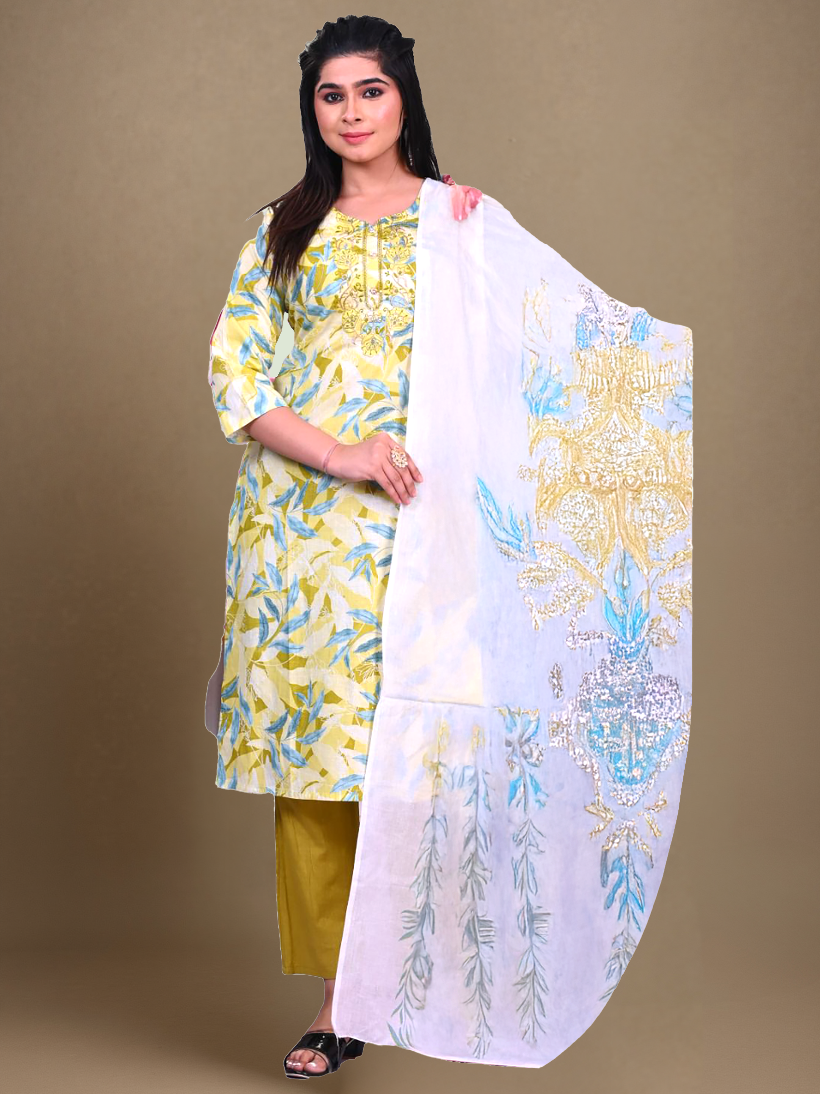 Indiessence Women Yellow Embroidered Cotton Kurta Comfort Pant Dupatta