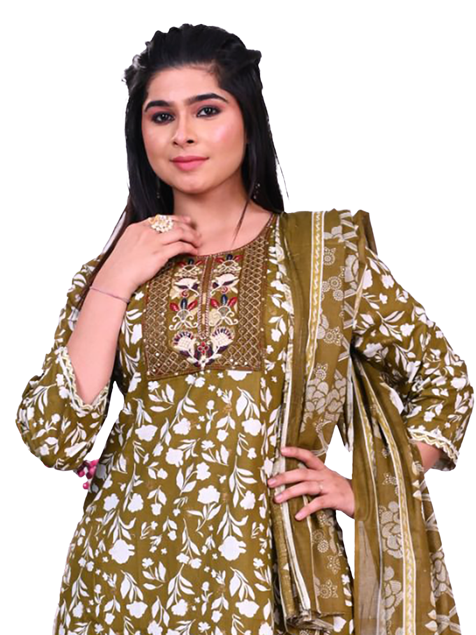 Indiessence Women Cotton Olive Embroidered Kurta Comfort Pant Dupatta