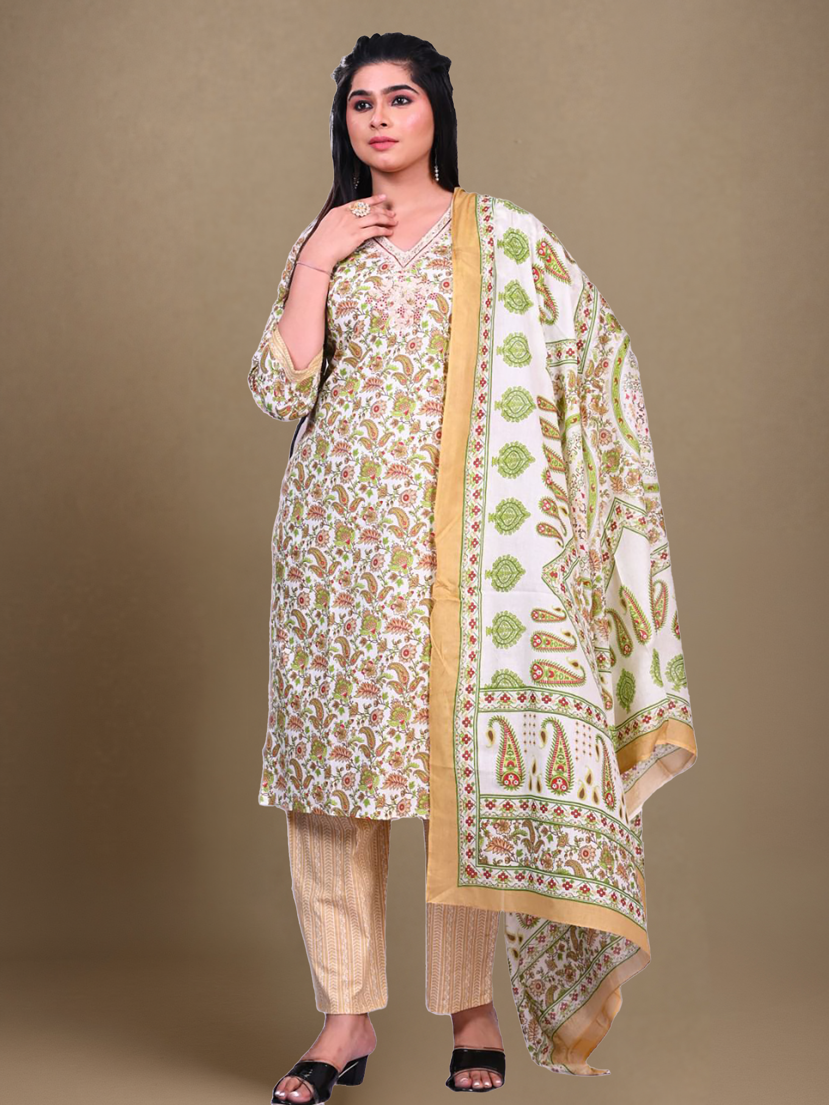 Indiessence Women Cotton Multicolor Embroidered Kurta Comfort Pant Dupatta
