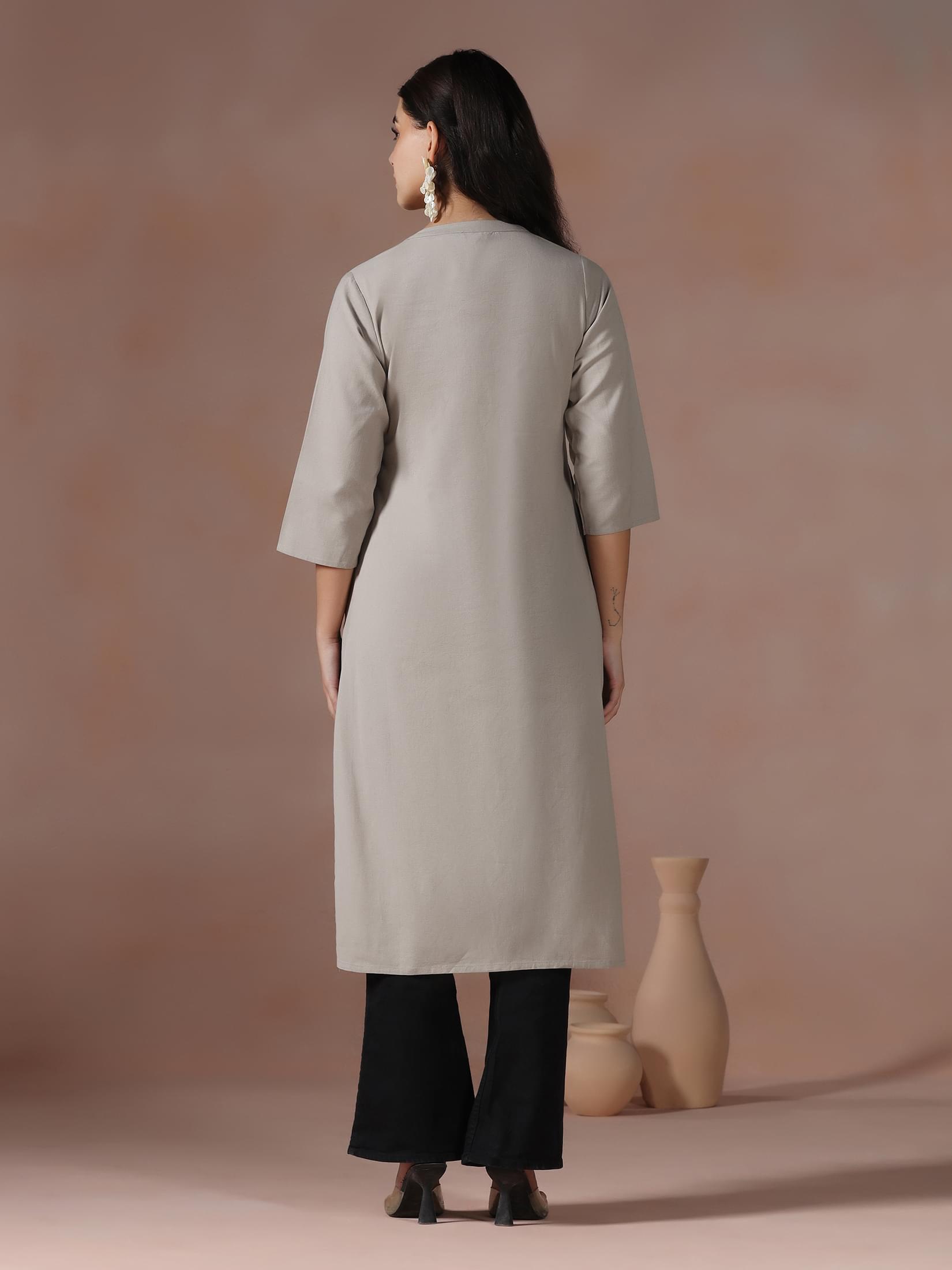 Women Cotton Beige Solid Kurta.