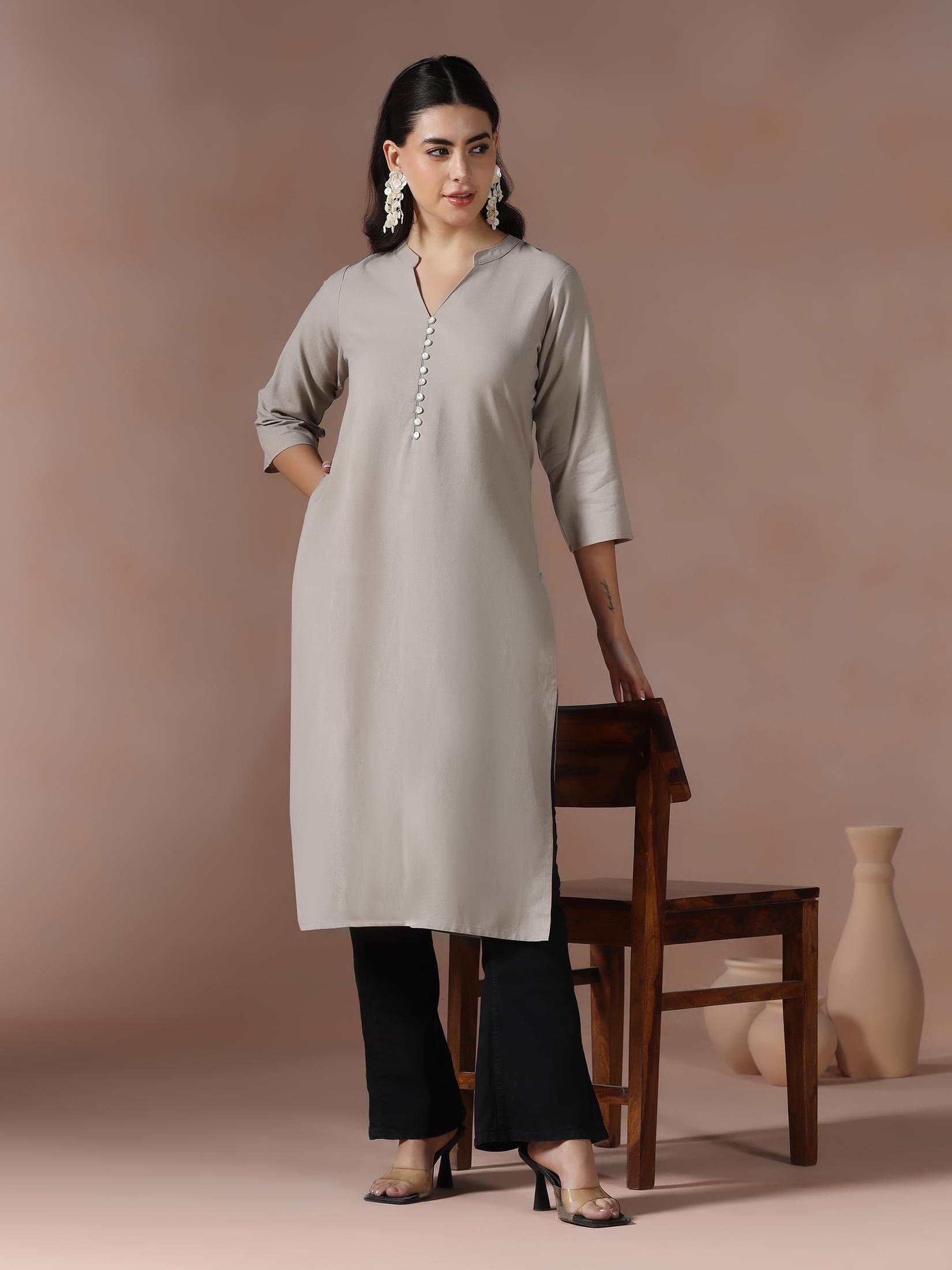 Women Cotton Beige Solid Kurta.