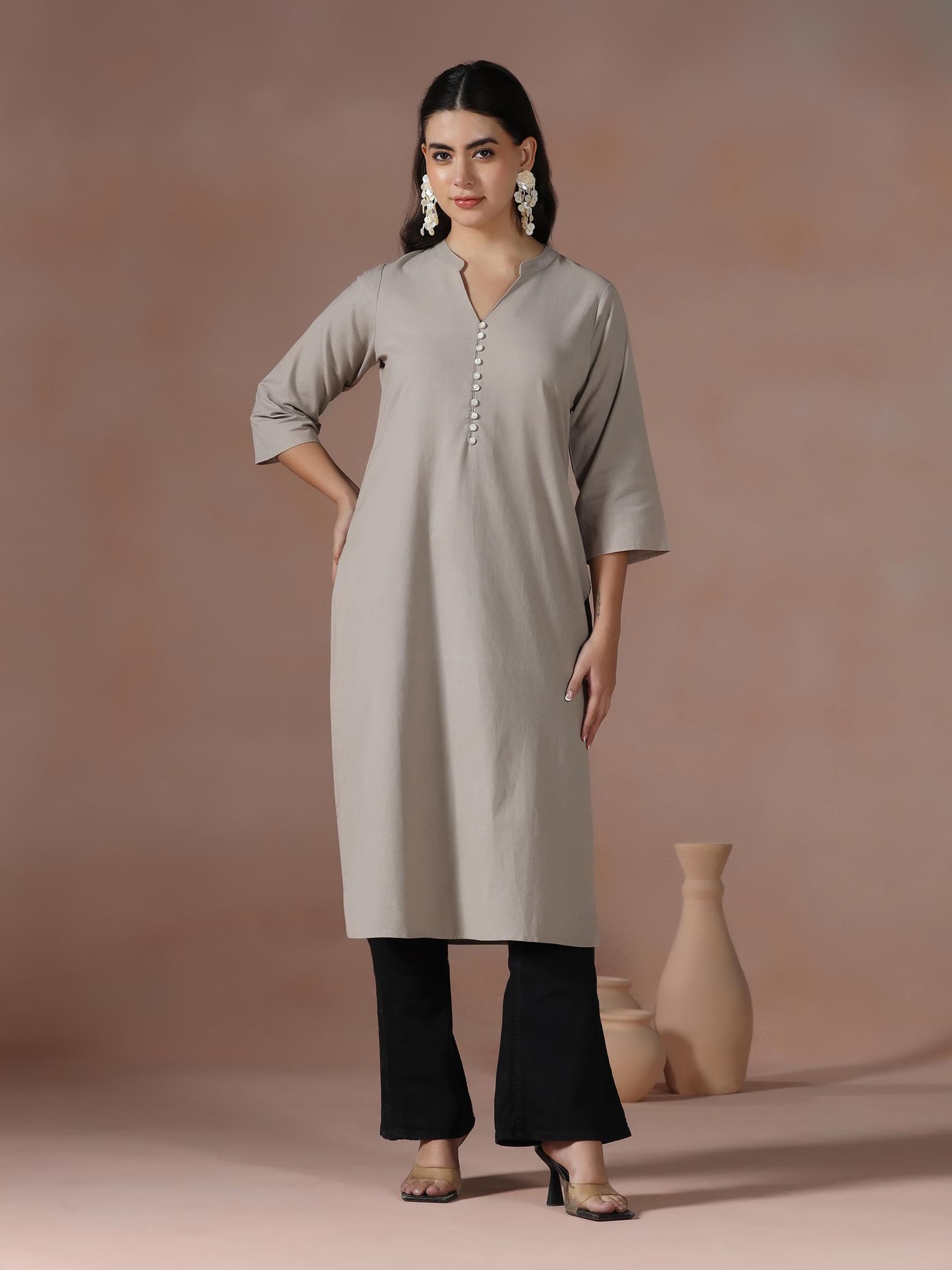 Women Cotton Beige Solid Kurta.