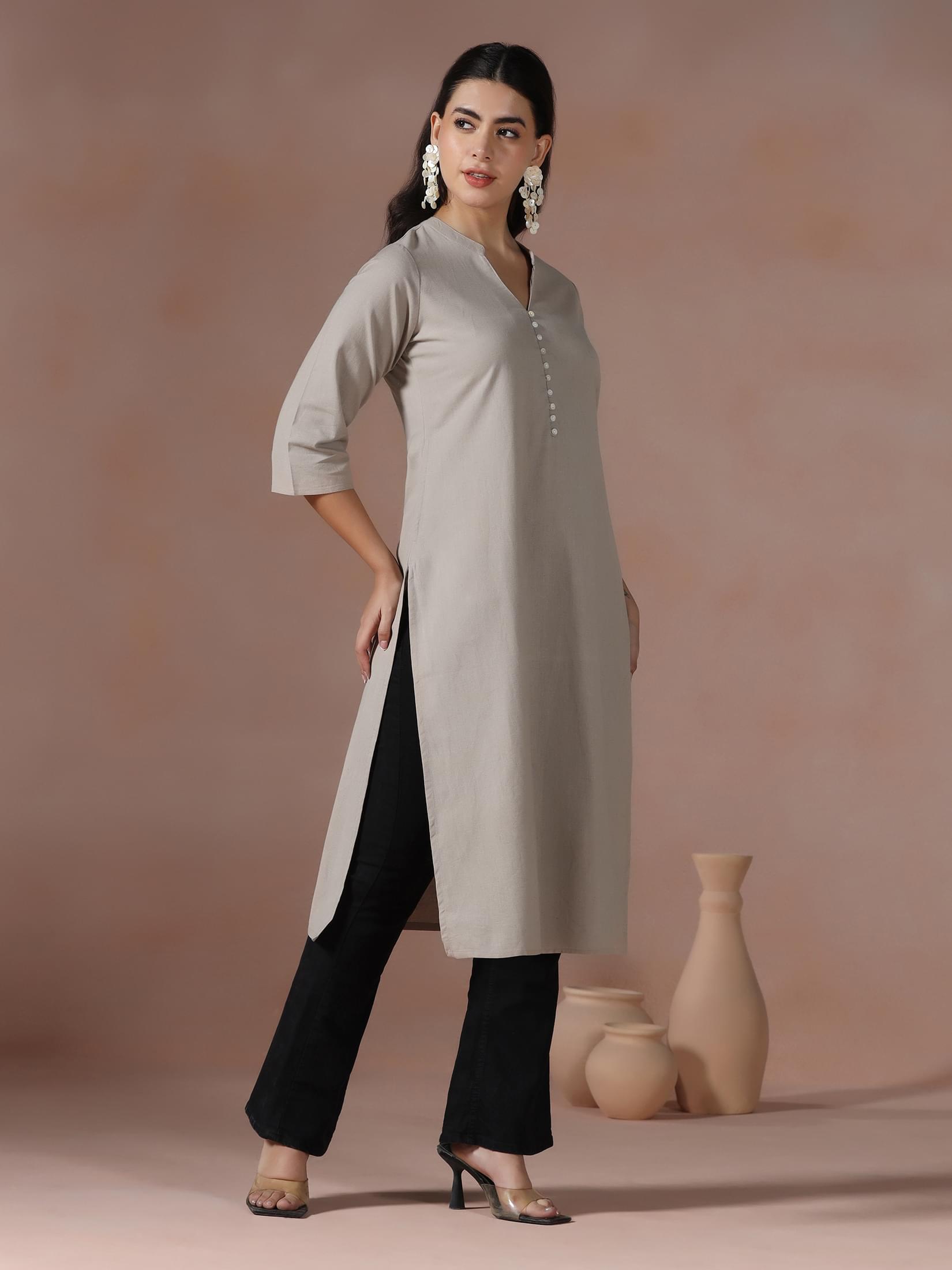Women Cotton Beige Solid Kurta.