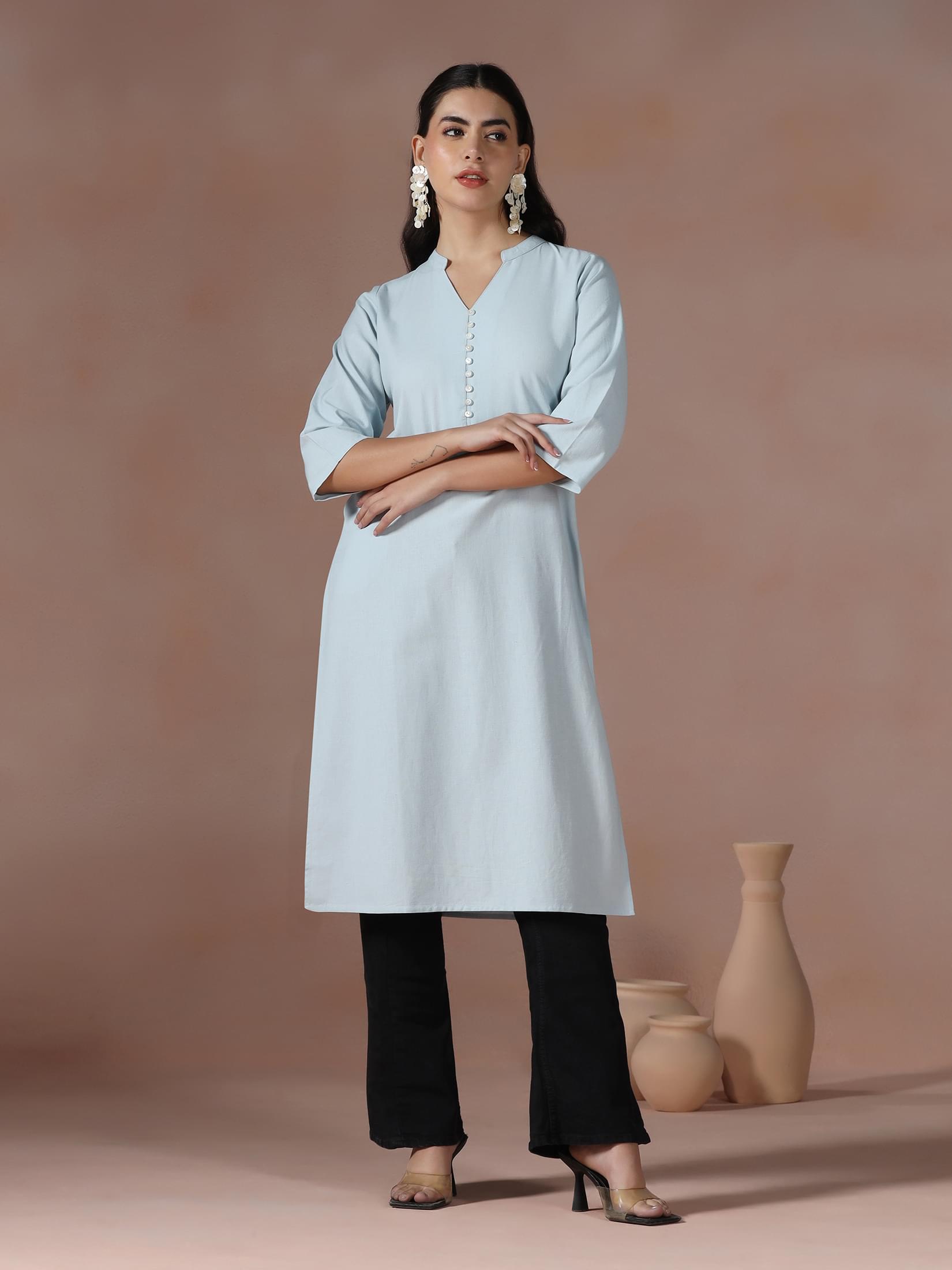 Cotton Blue Solid Kurta For Women.