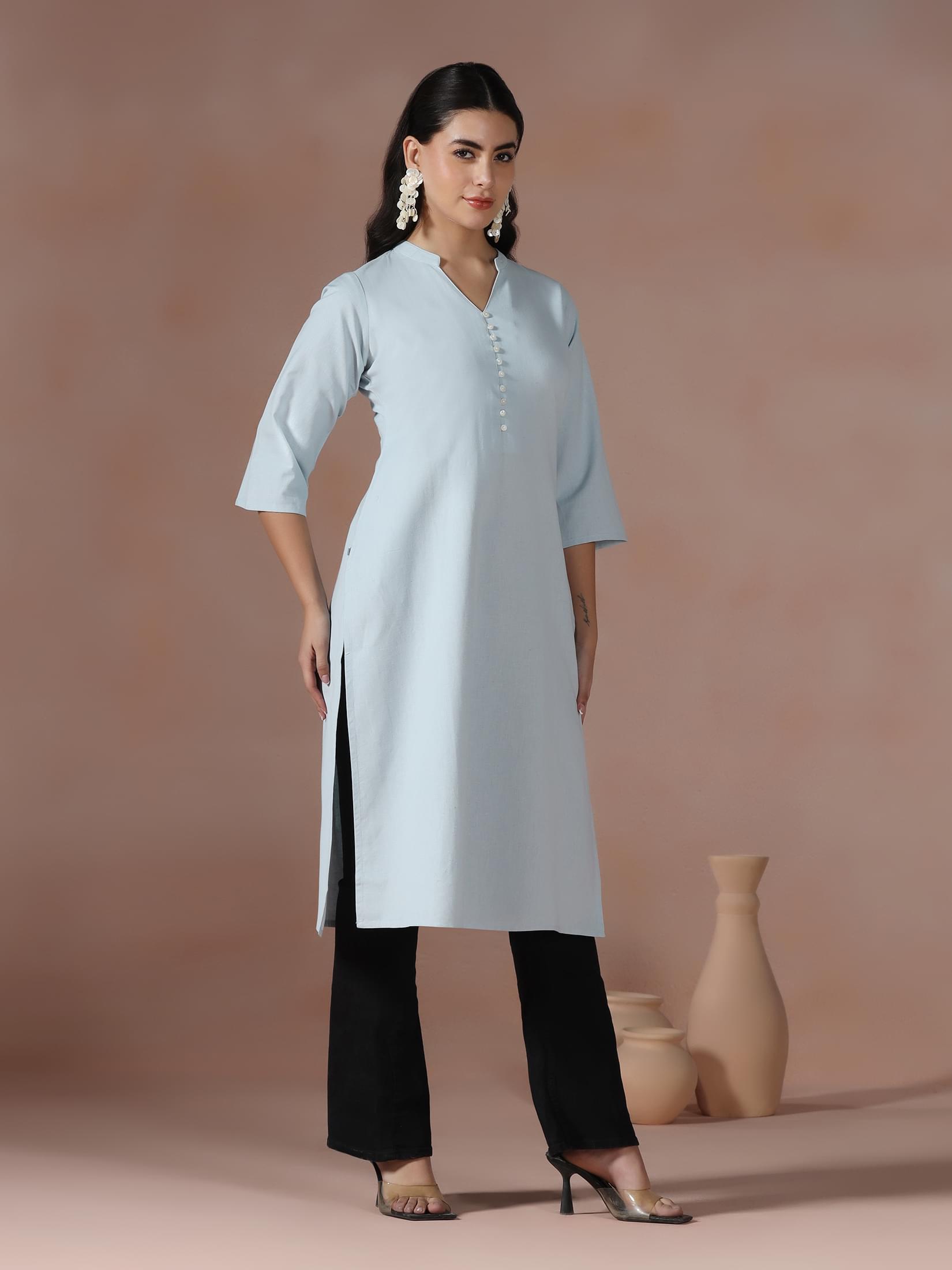 Cotton Blue Solid Kurta For Women.