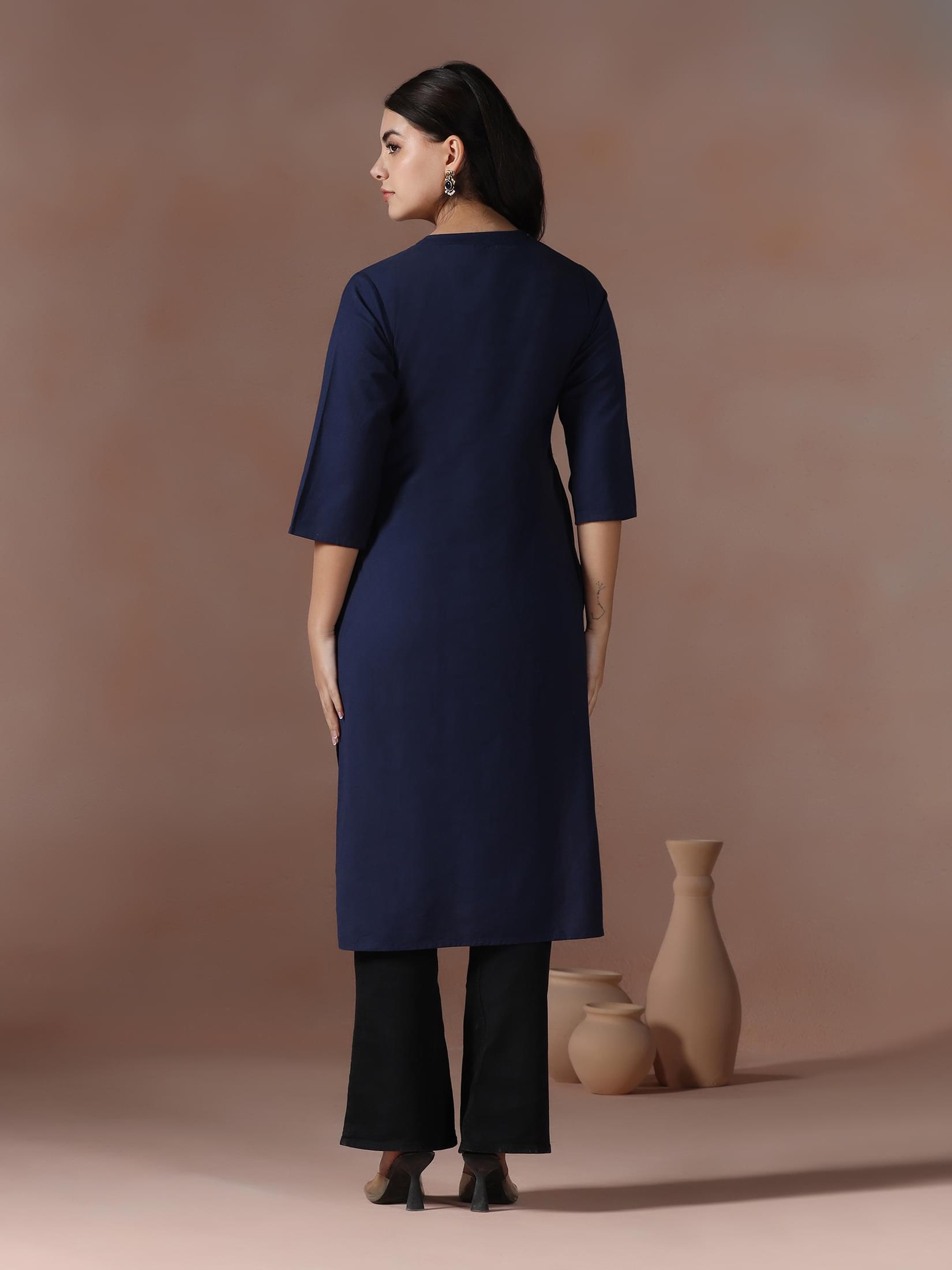 Women Cotton Navy Blue Solid Kurta.