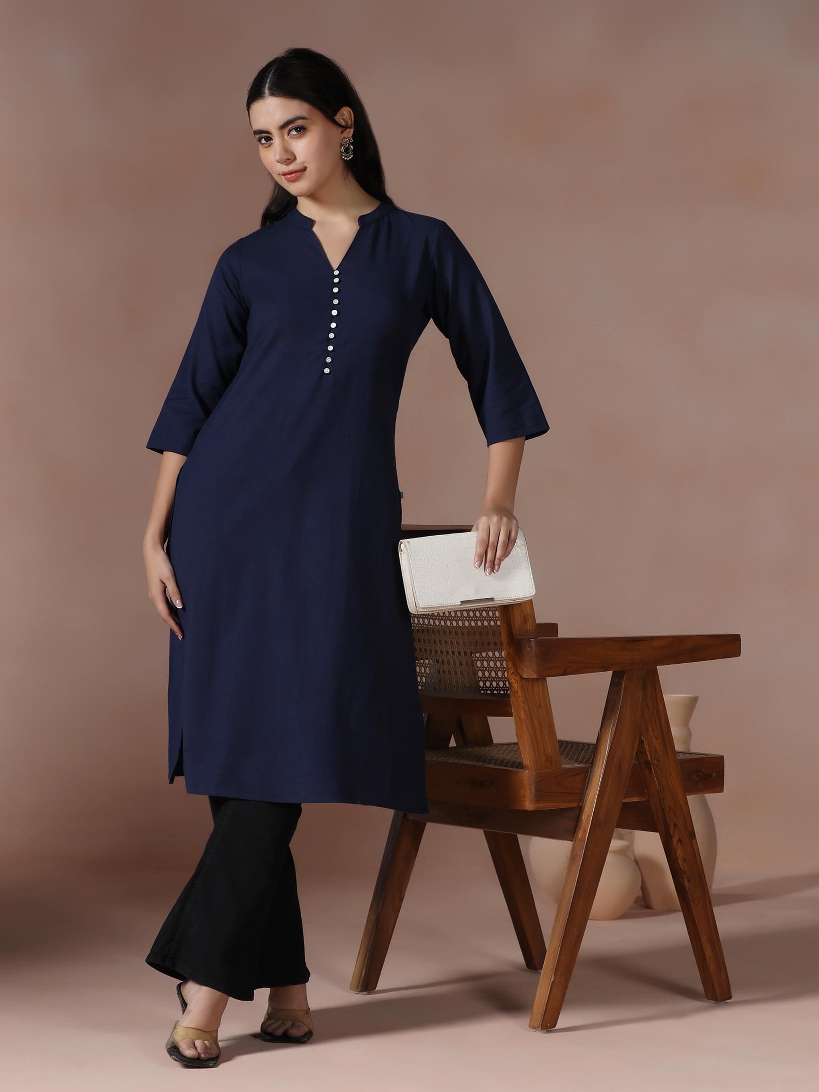 Women Cotton Navy Blue Solid Kurta.