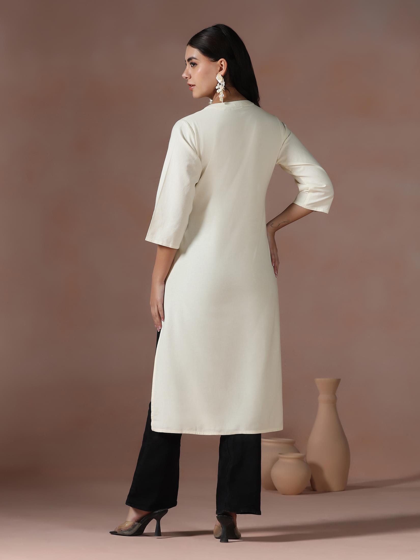 Women Cotton Off White Solid Kurta.
