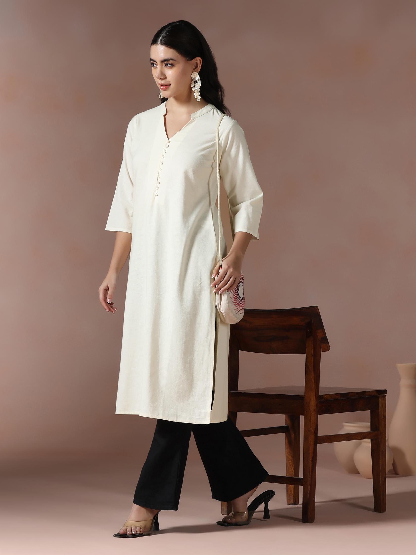 Women Cotton Off White Solid Kurta.