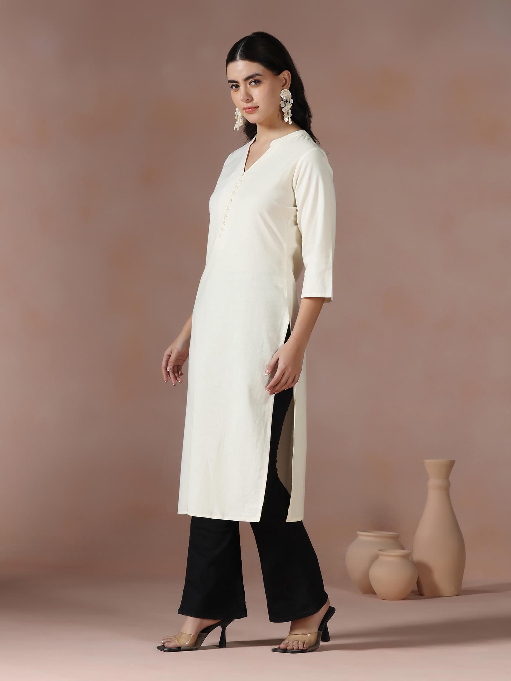 Women Cotton Off White Solid Kurta.