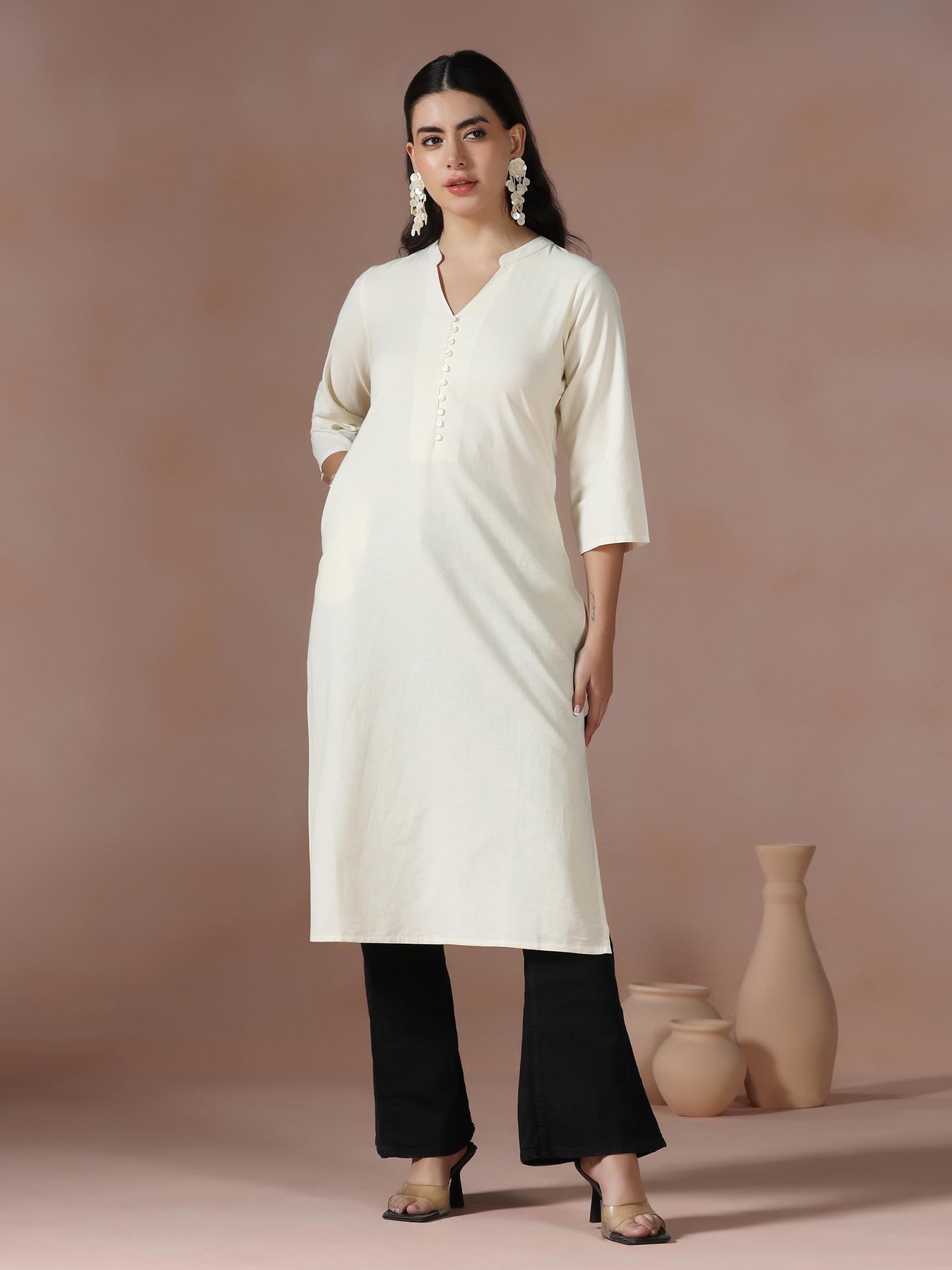 Women Cotton Off White Solid Kurta.