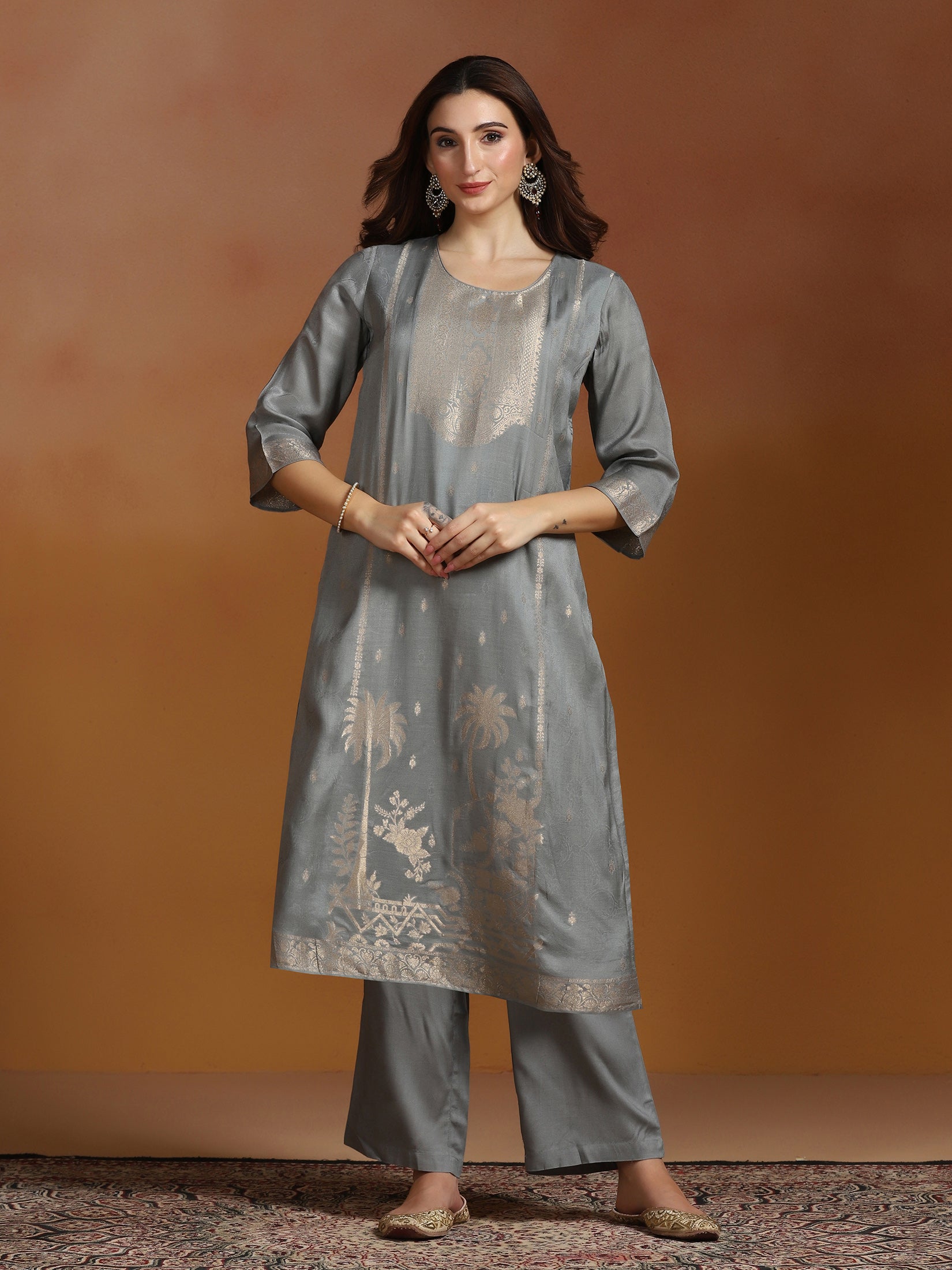 Women Viscose Jacquard Steel Blue Kurta Comfort Pant Dupatta