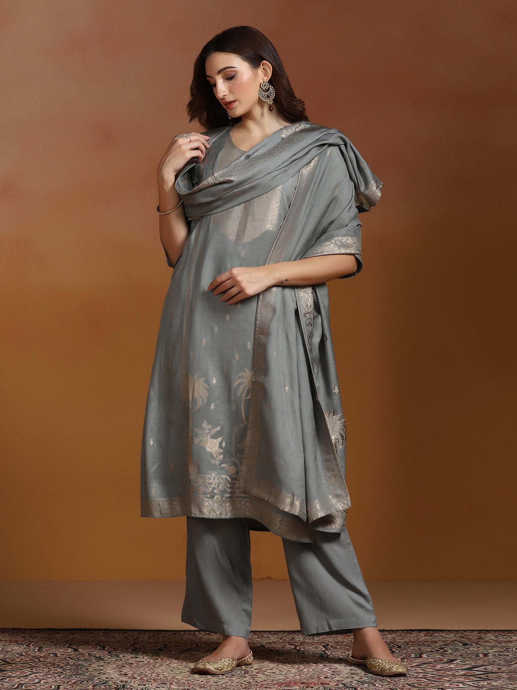Women Viscose Jacquard Steel Blue Kurta Comfort Pant Dupatta