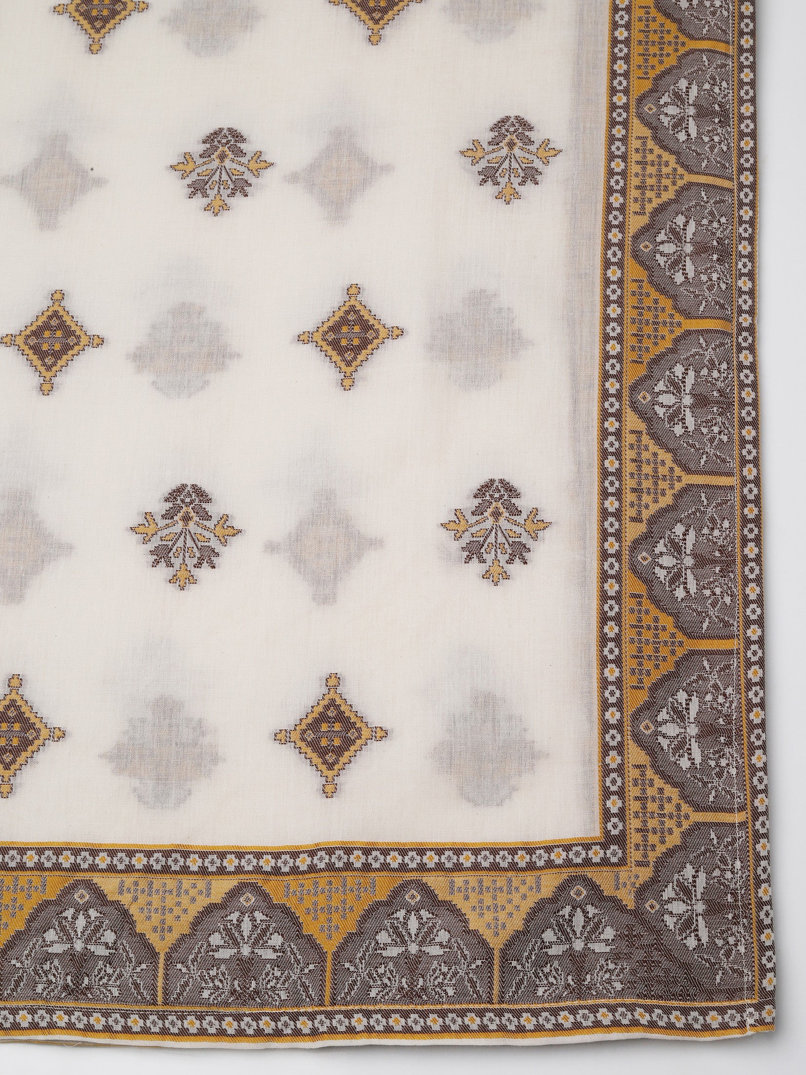 Women Off White Cotton Jacquard Kurta Comfort Pant Dupatta