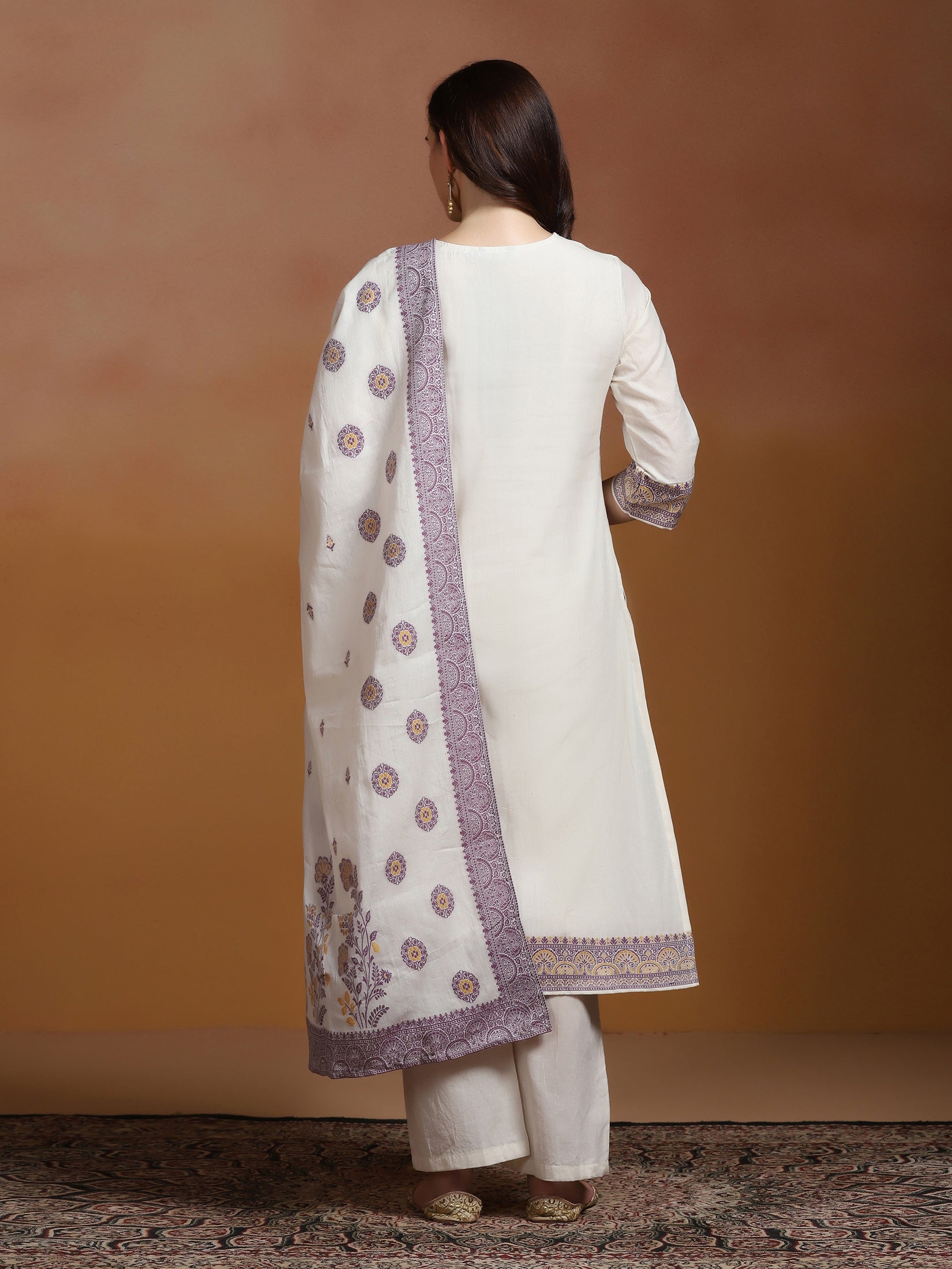 Off White Cotton Jacquard Kurta Comfort Pant Dupatta