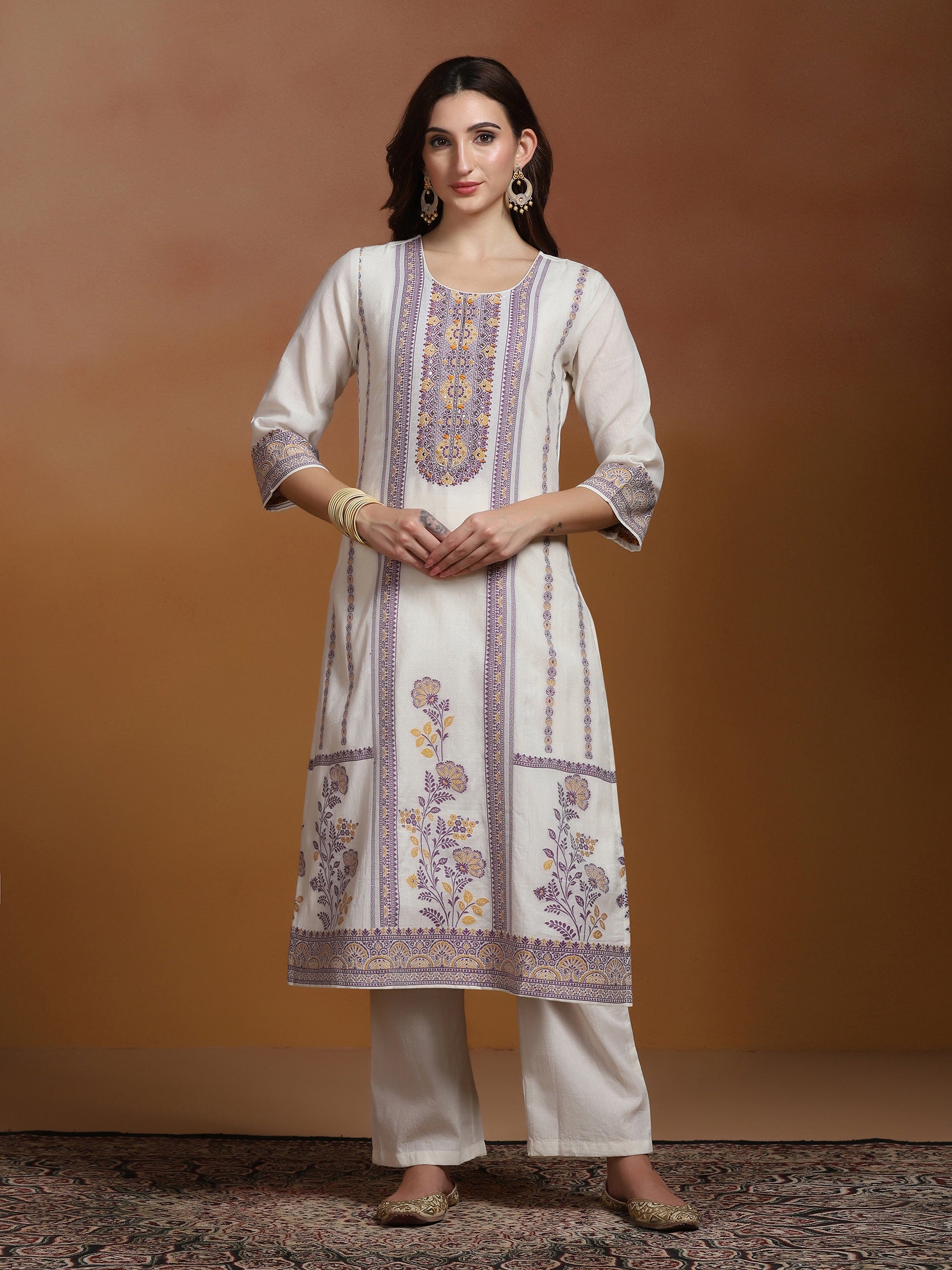 Off White Cotton Jacquard Kurta Comfort Pant Dupatta
