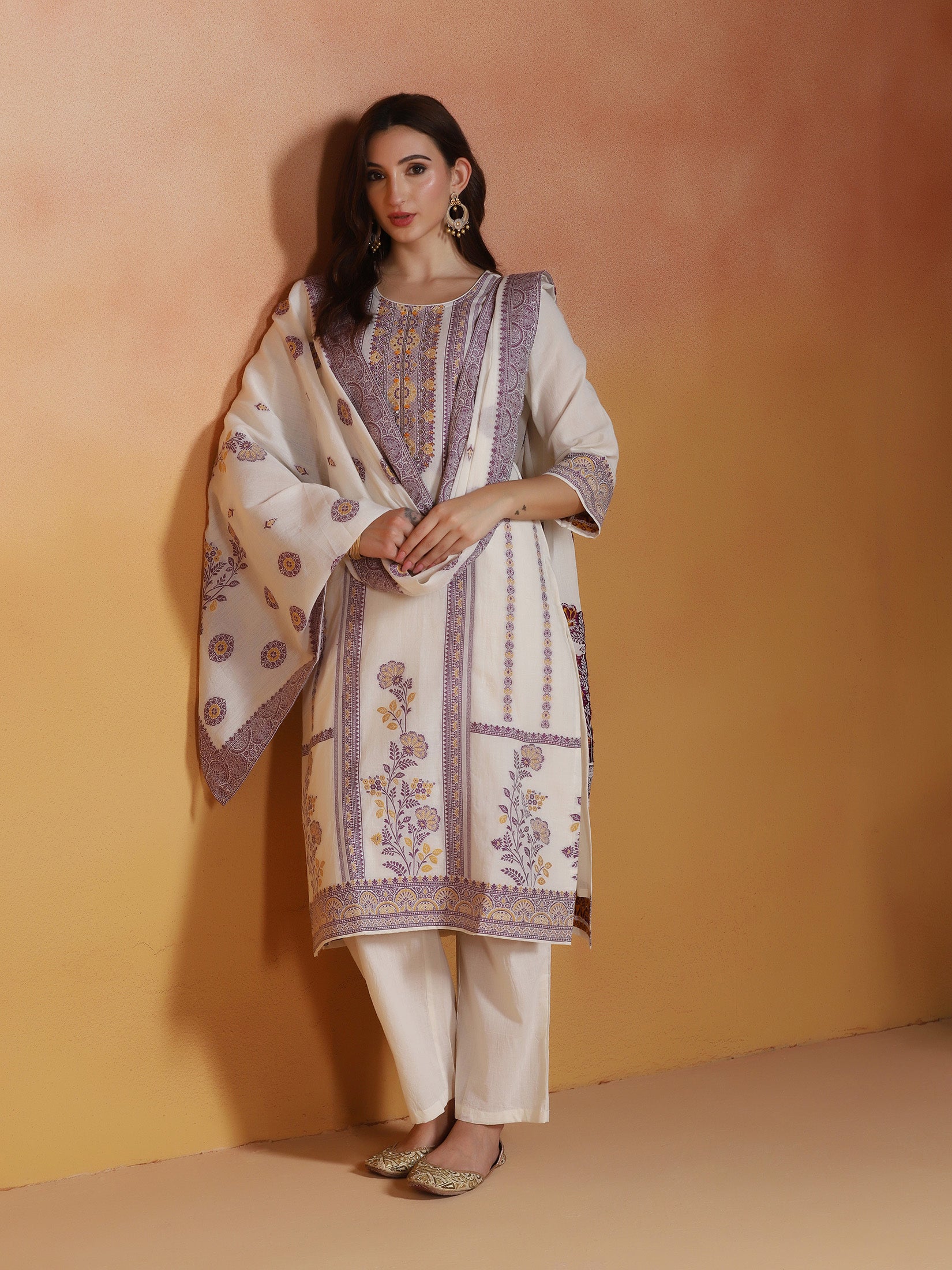 Off White Cotton Jacquard Kurta Comfort Pant Dupatta