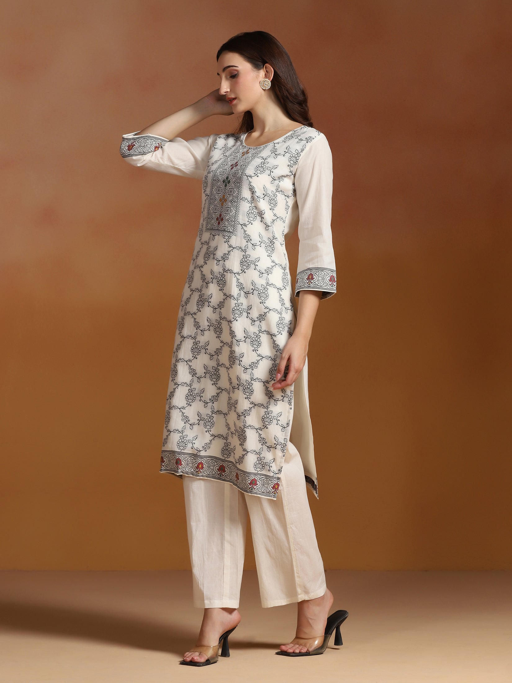 Off White Cotton Jacquard Kurta Comfort Pant With Dupatta