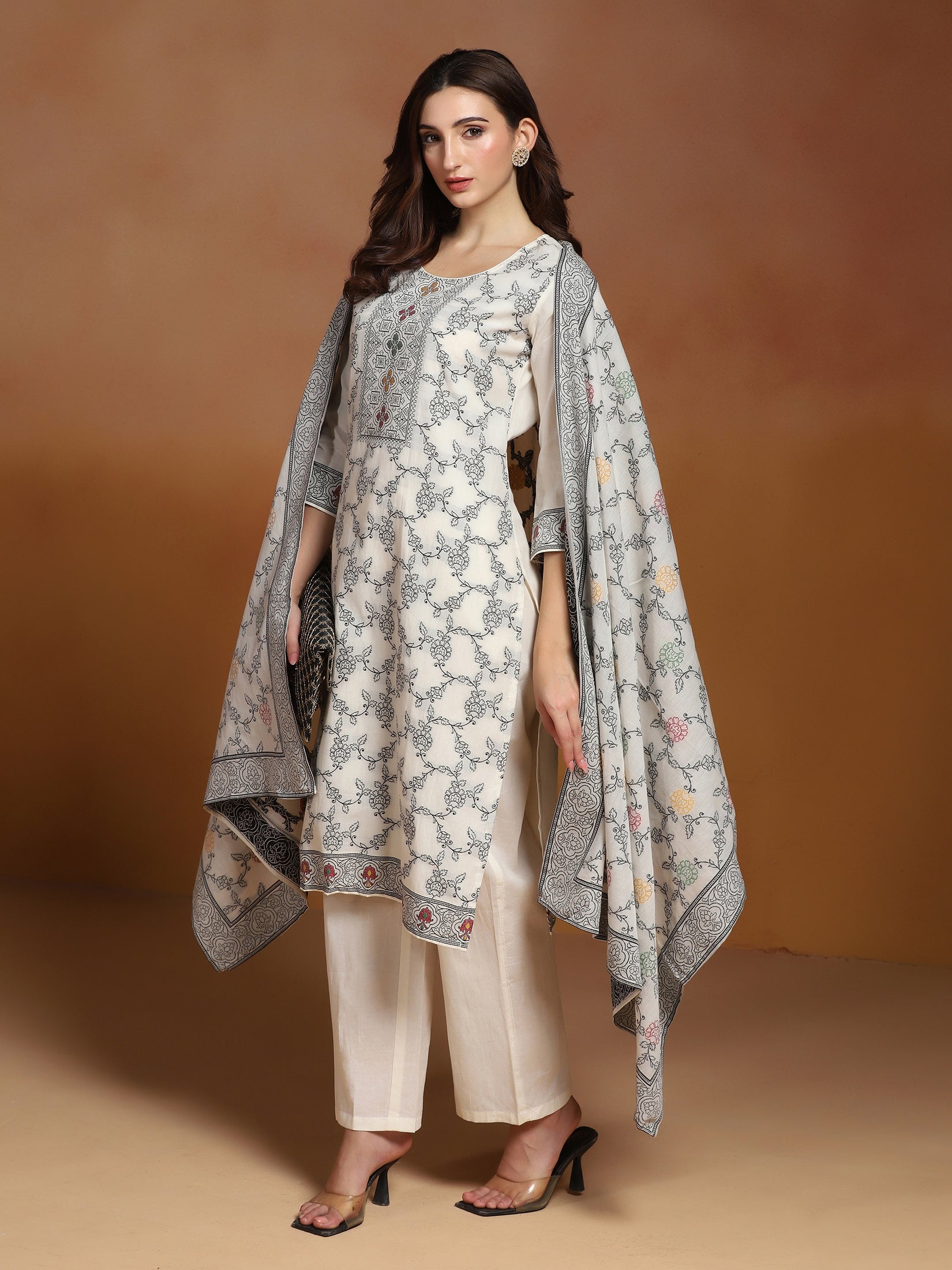 Off White Cotton Jacquard Kurta Comfort Pant With Dupatta