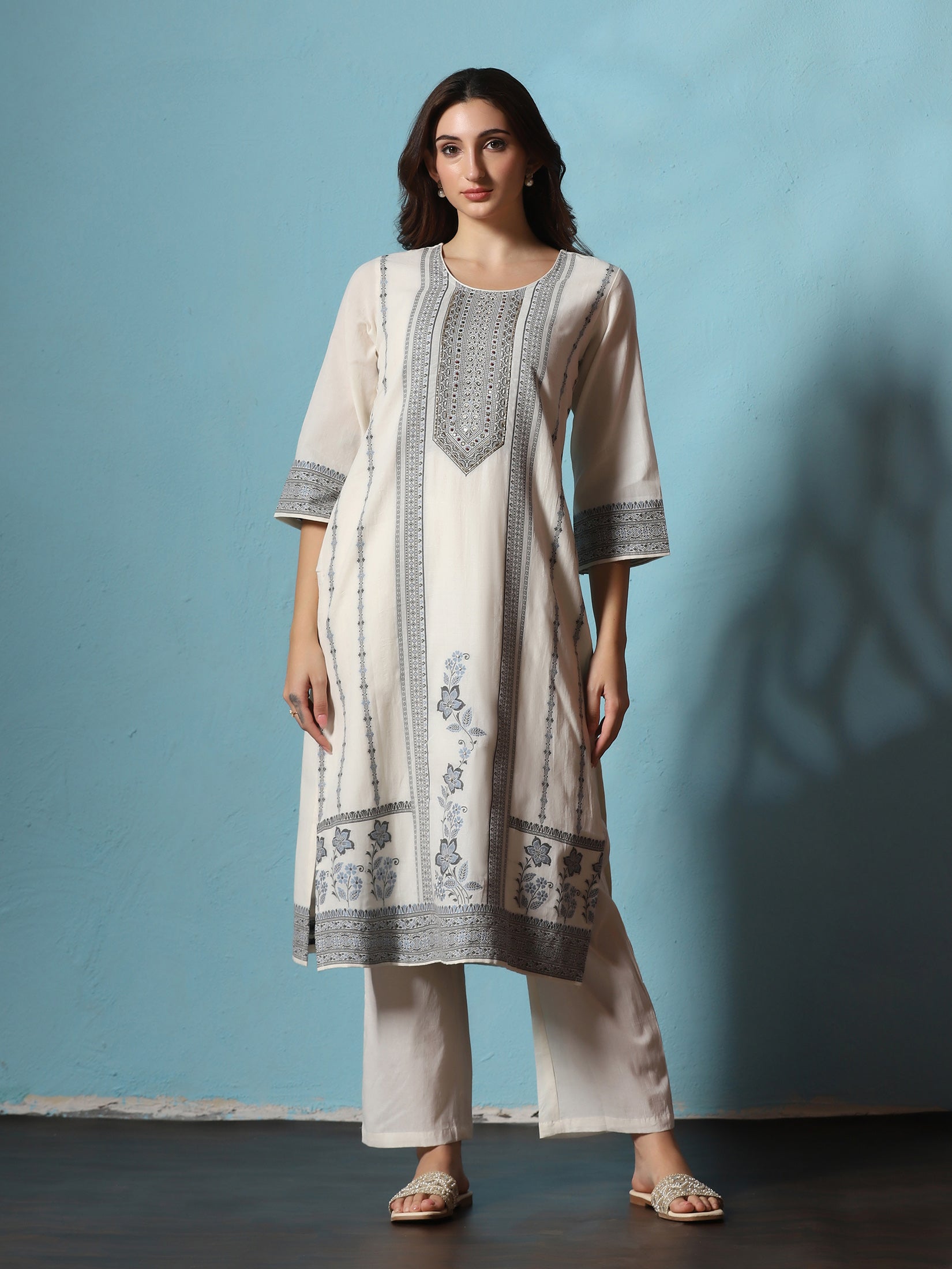 Women Cotton Off White Jacquard Kurta Comfort Pant Dupatta