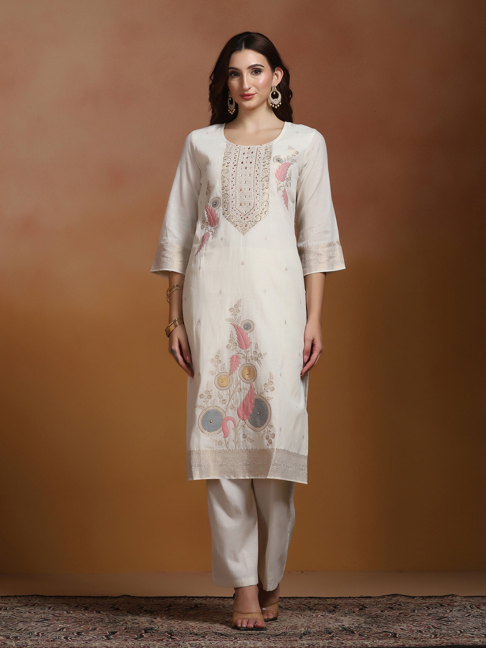 Women Cotton Jacquard Off White Kurta Comfort Pant With Dupatta