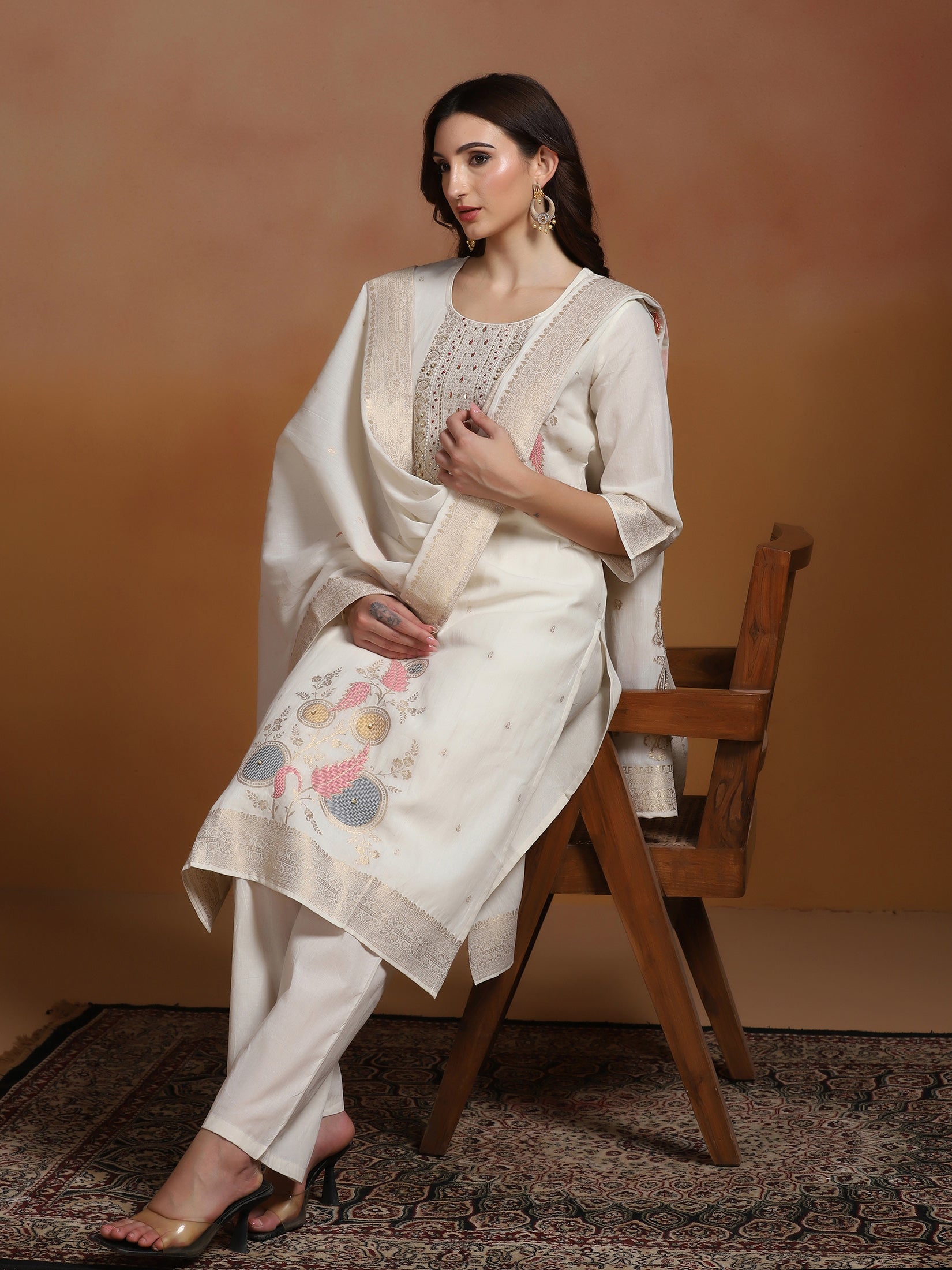 Women Cotton Jacquard Off White Kurta Comfort Pant With Dupatta