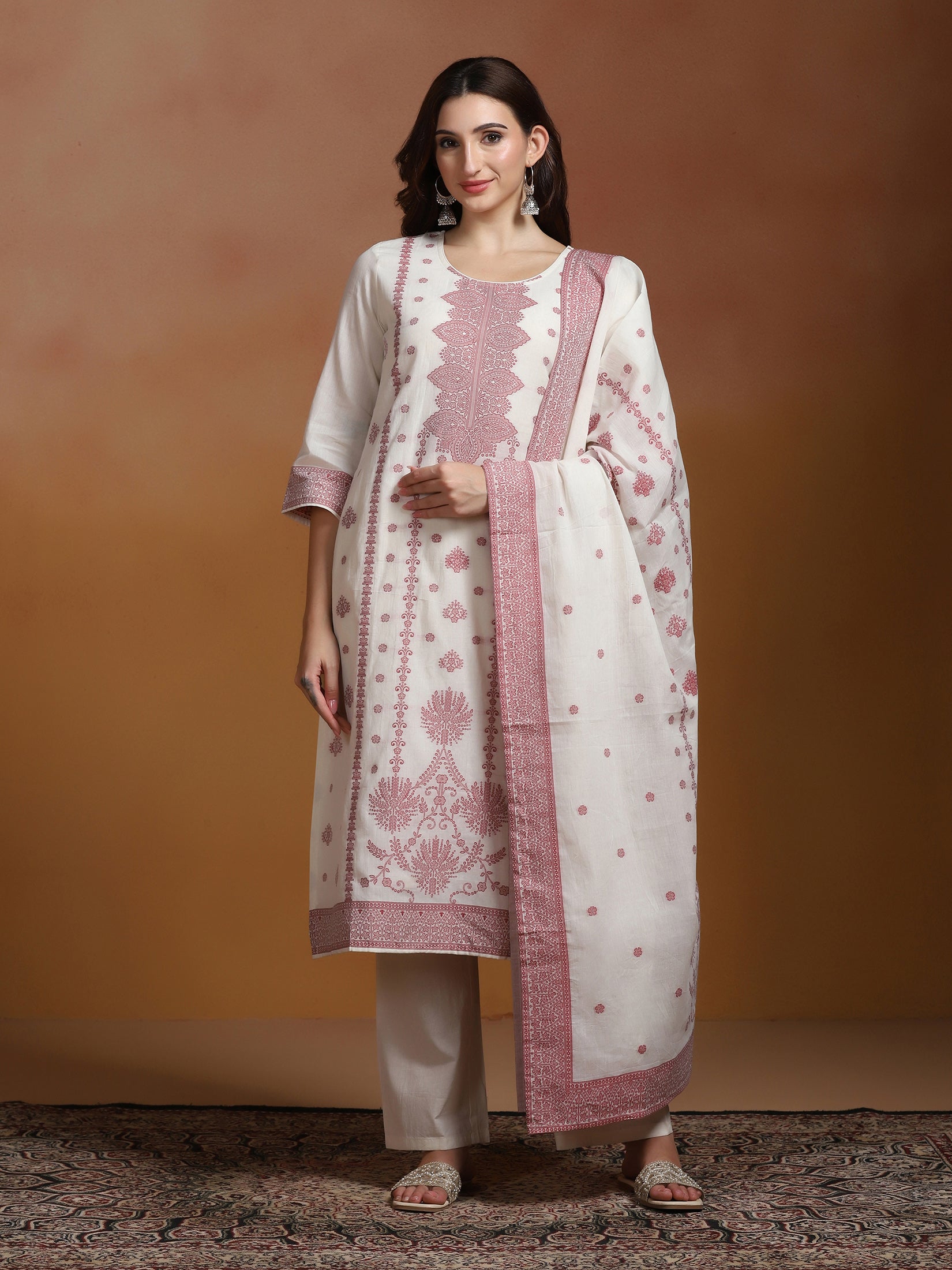 Women Cotton Jacquard Off White Kurta Comfort Pant Dupatta