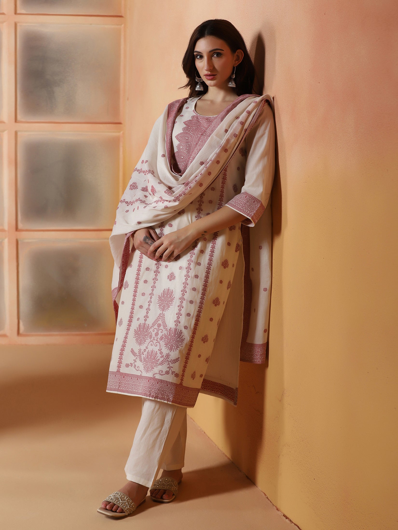 Women Cotton Jacquard Off White Kurta Comfort Pant Dupatta