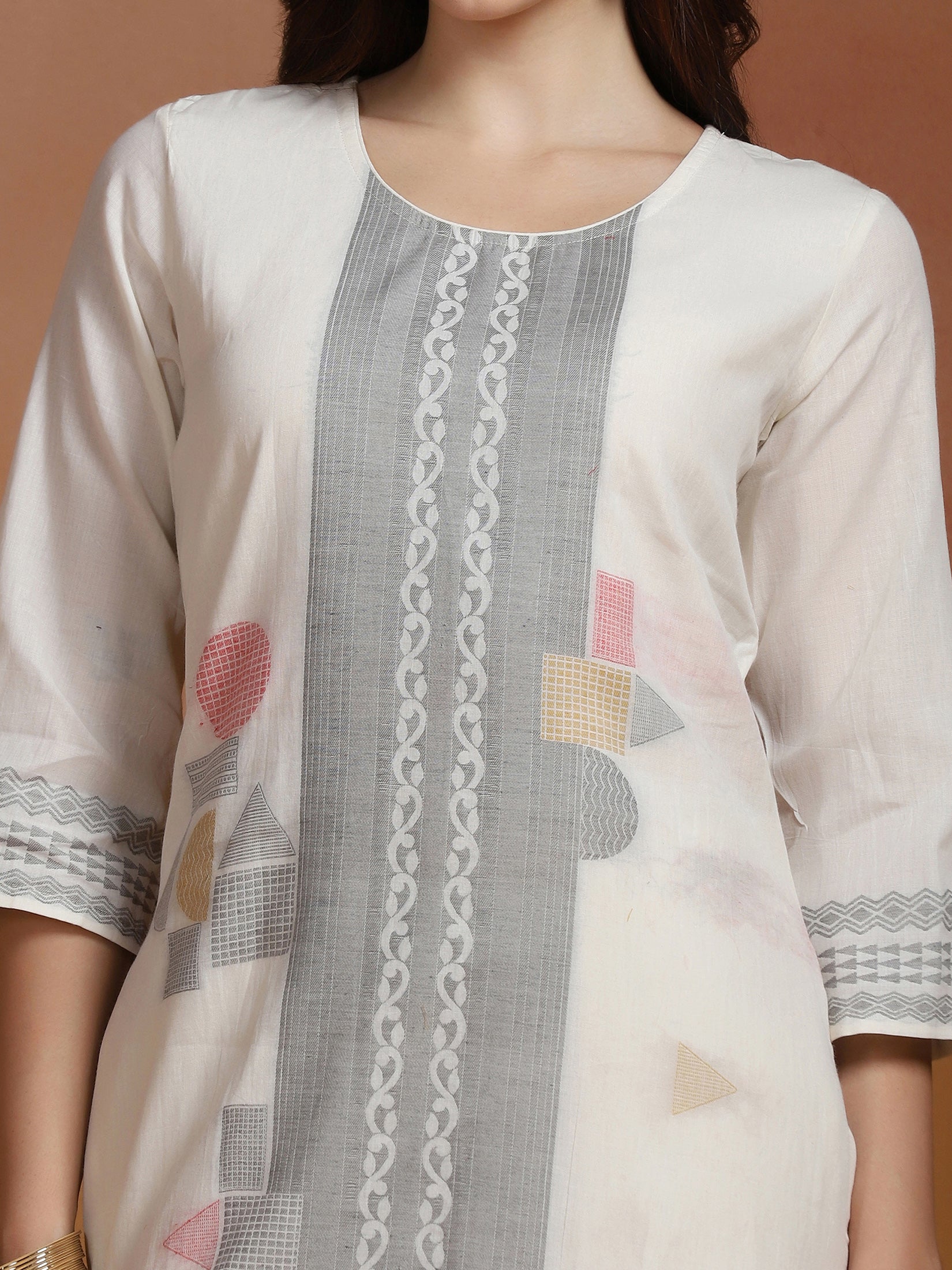 Women Off White Cotton Jacquard Kurta Comfort Pant Dupatta