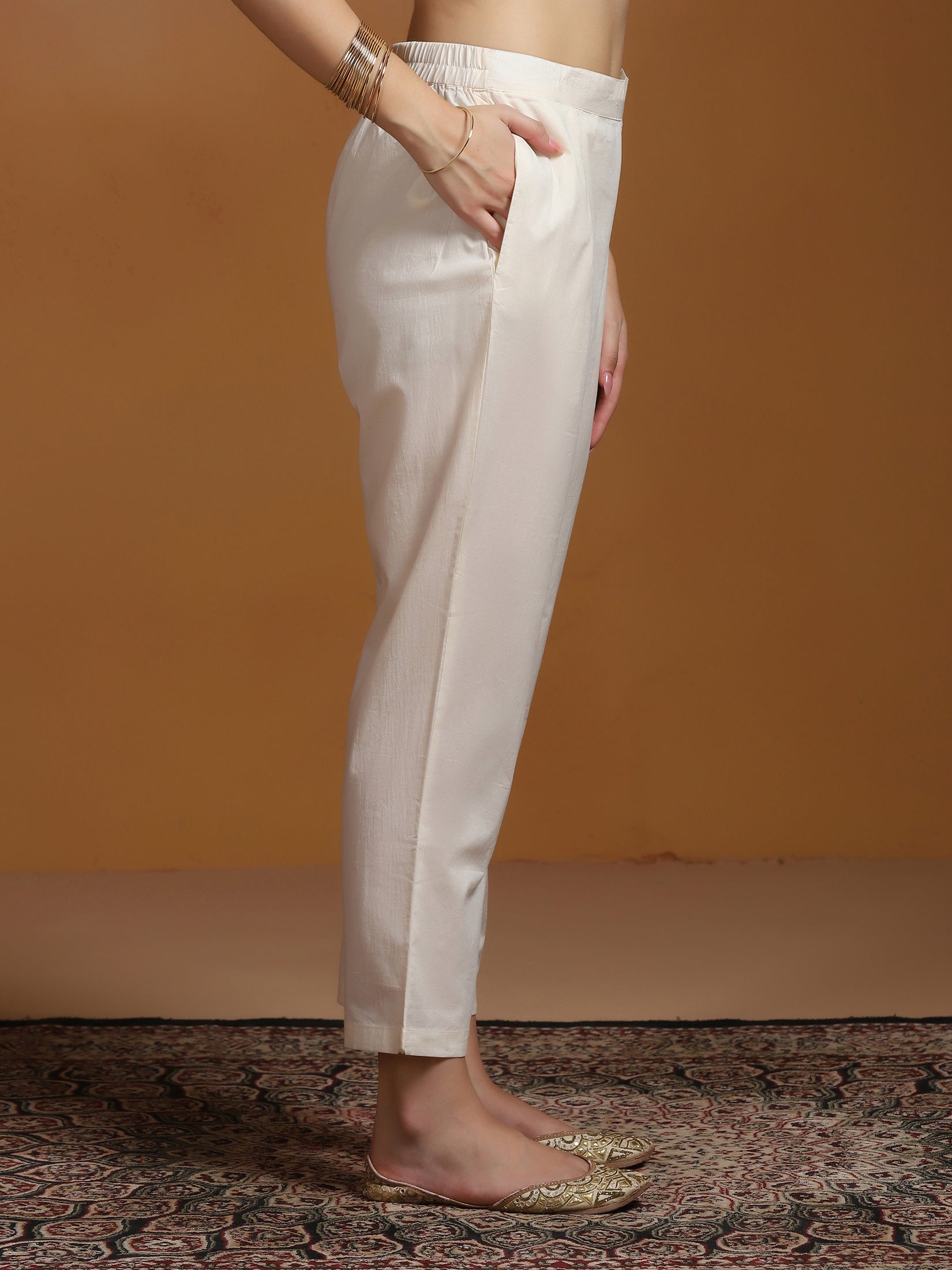 Women Linen Off White and Pink Embroidered Kurta Comfort Pant Dupatta