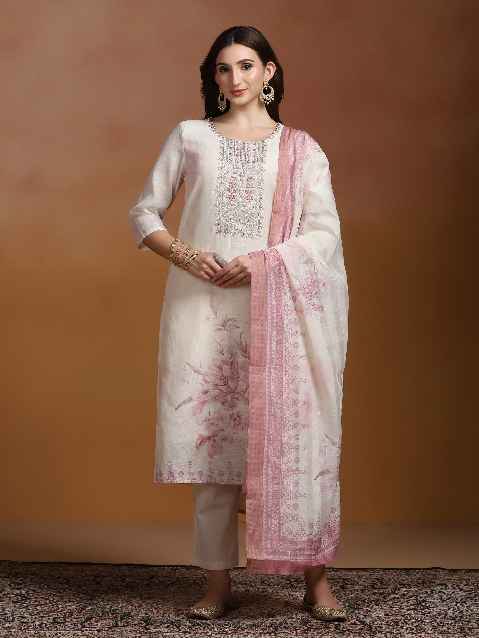 Women Linen Off White and Pink Embroidered Kurta Comfort Pant Dupatta