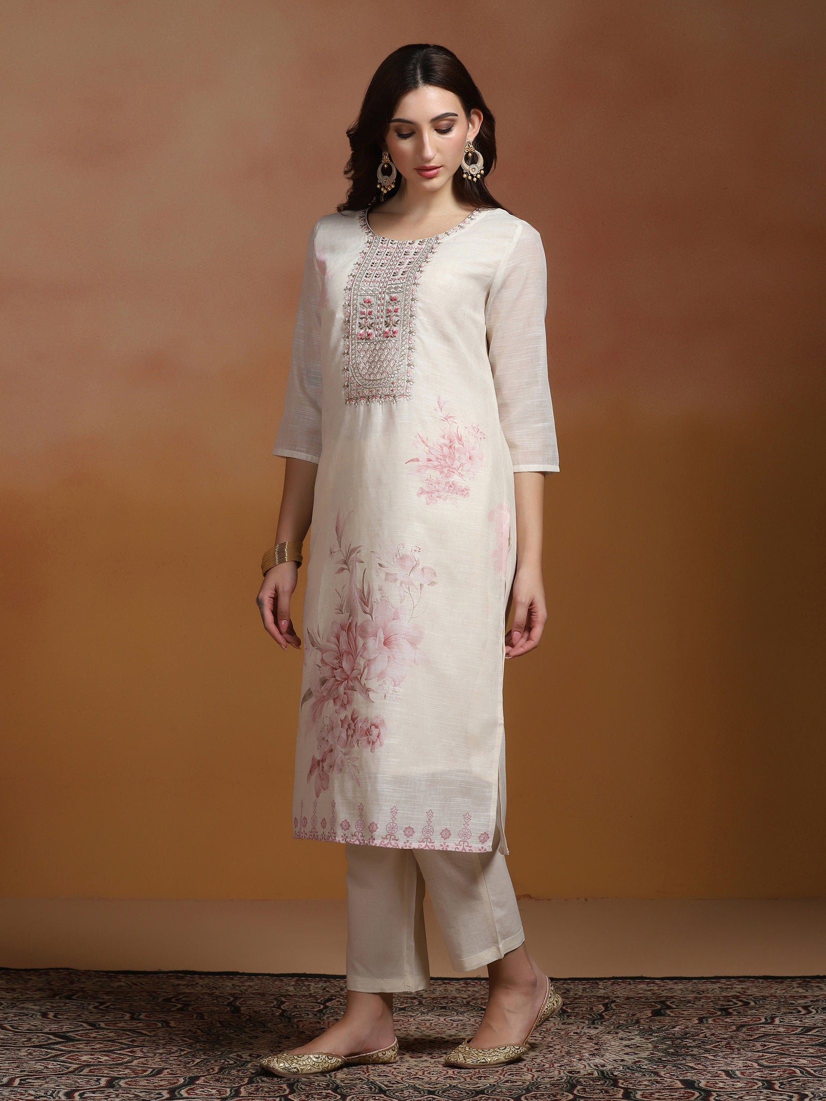 Women Linen Off White and Pink Embroidered Kurta Comfort Pant Dupatta