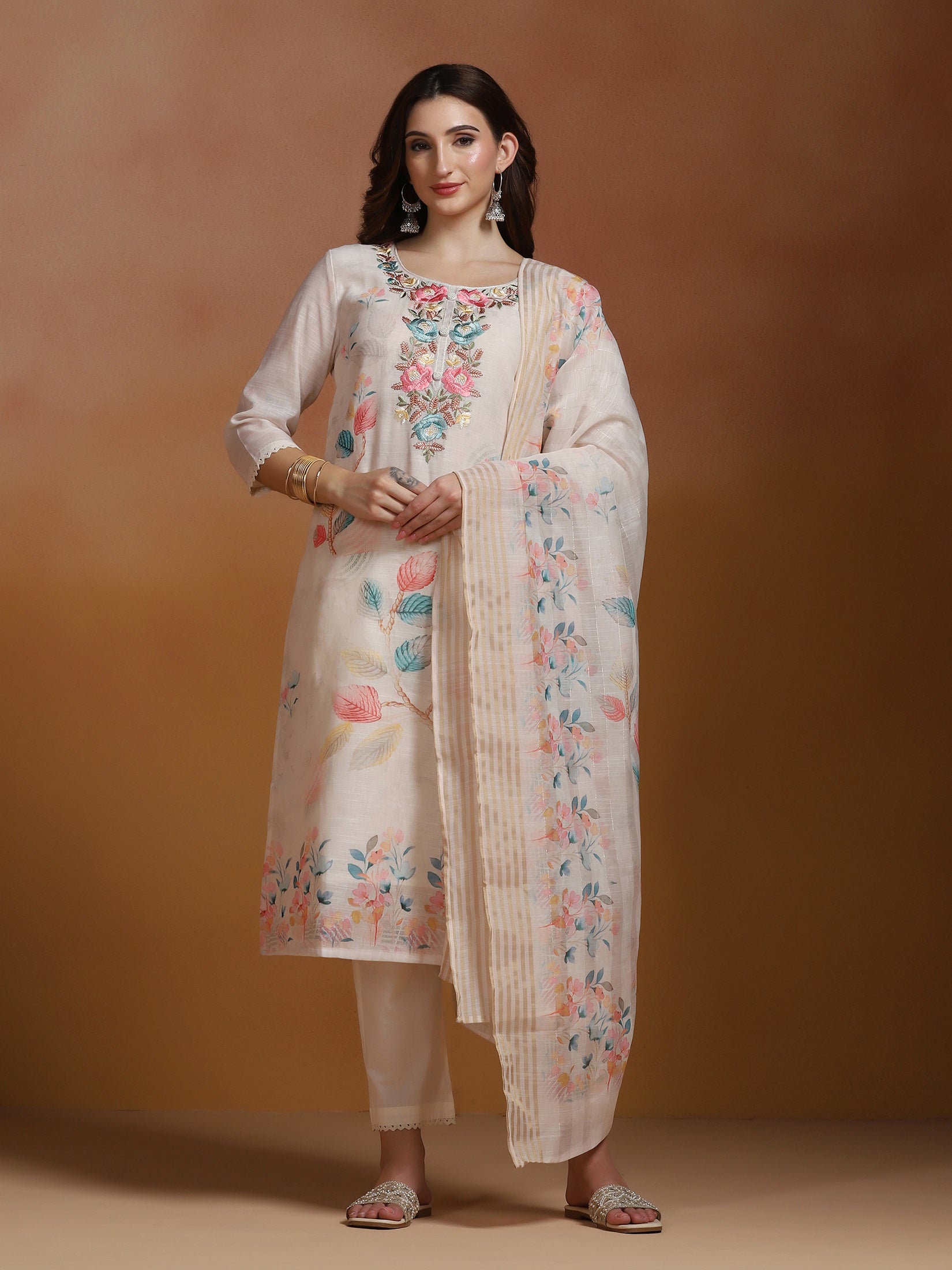 Women Linen Cream Embroidered Kurta Comfort Pant Dupatta
