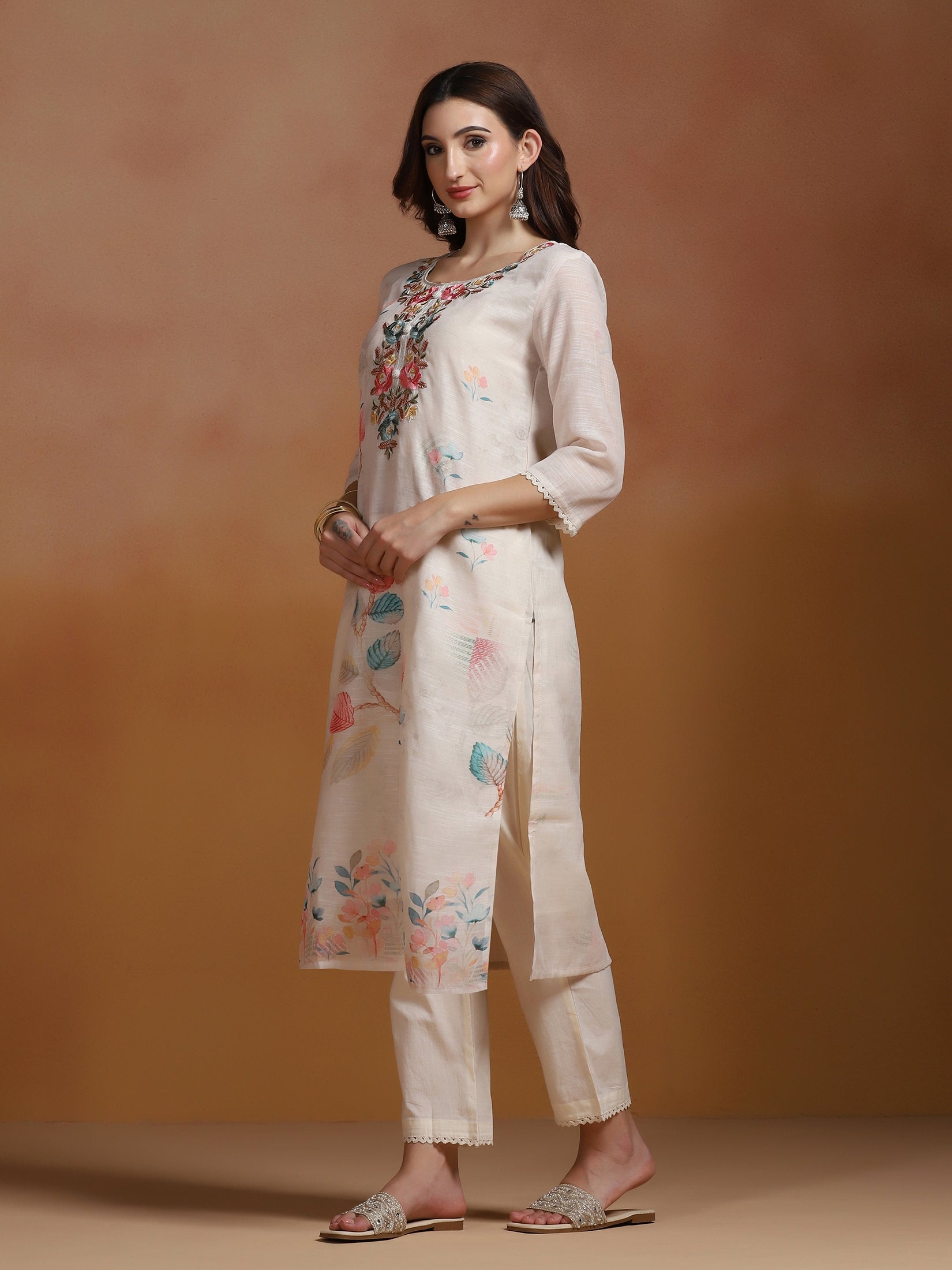 Women Linen Cream Embroidered Kurta Comfort Pant Dupatta