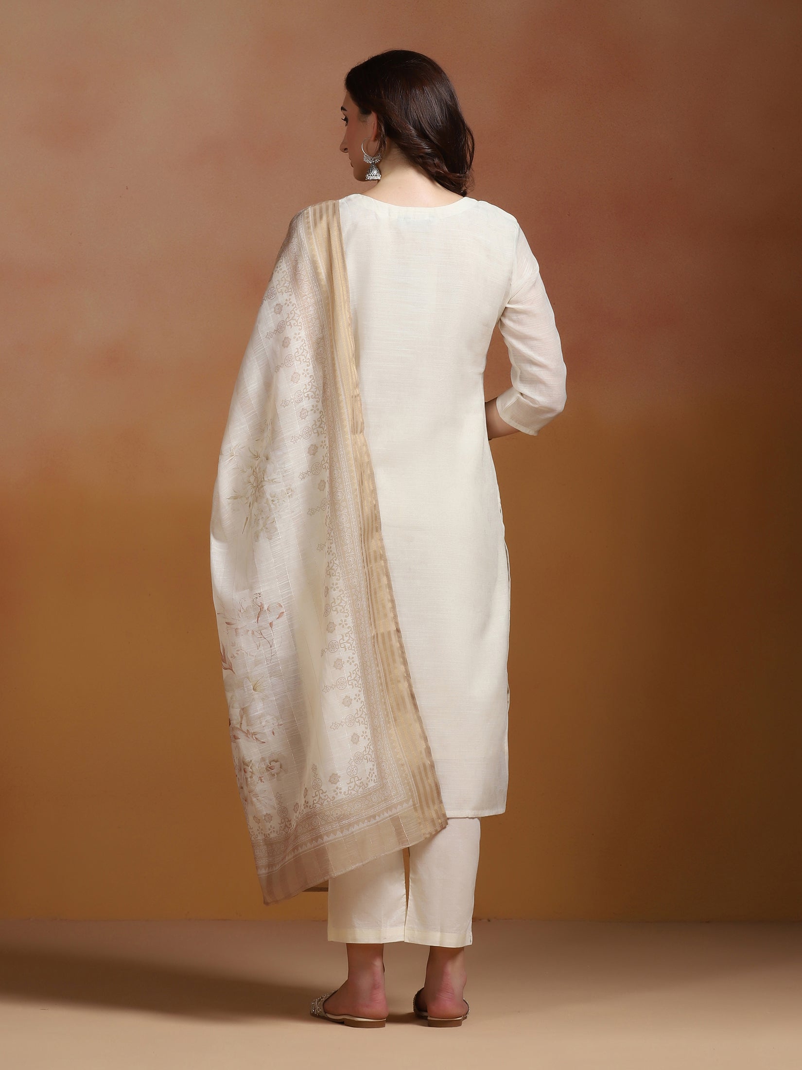 Women Poly Viscose Linen Off White Embroidered Kurta Comfort Pant Dupatta