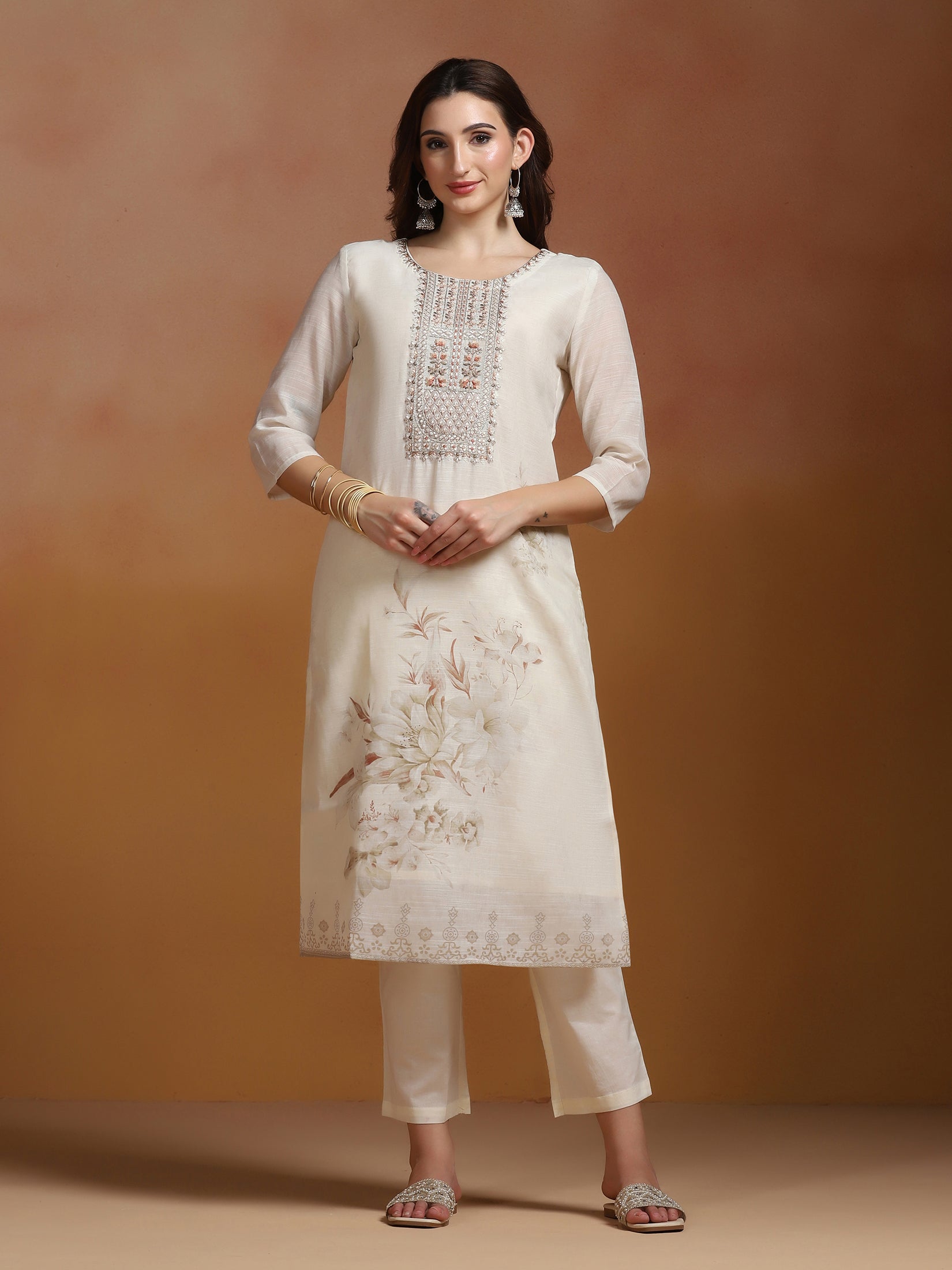 Women Poly Viscose Linen Off White Embroidered Kurta Comfort Pant Dupatta