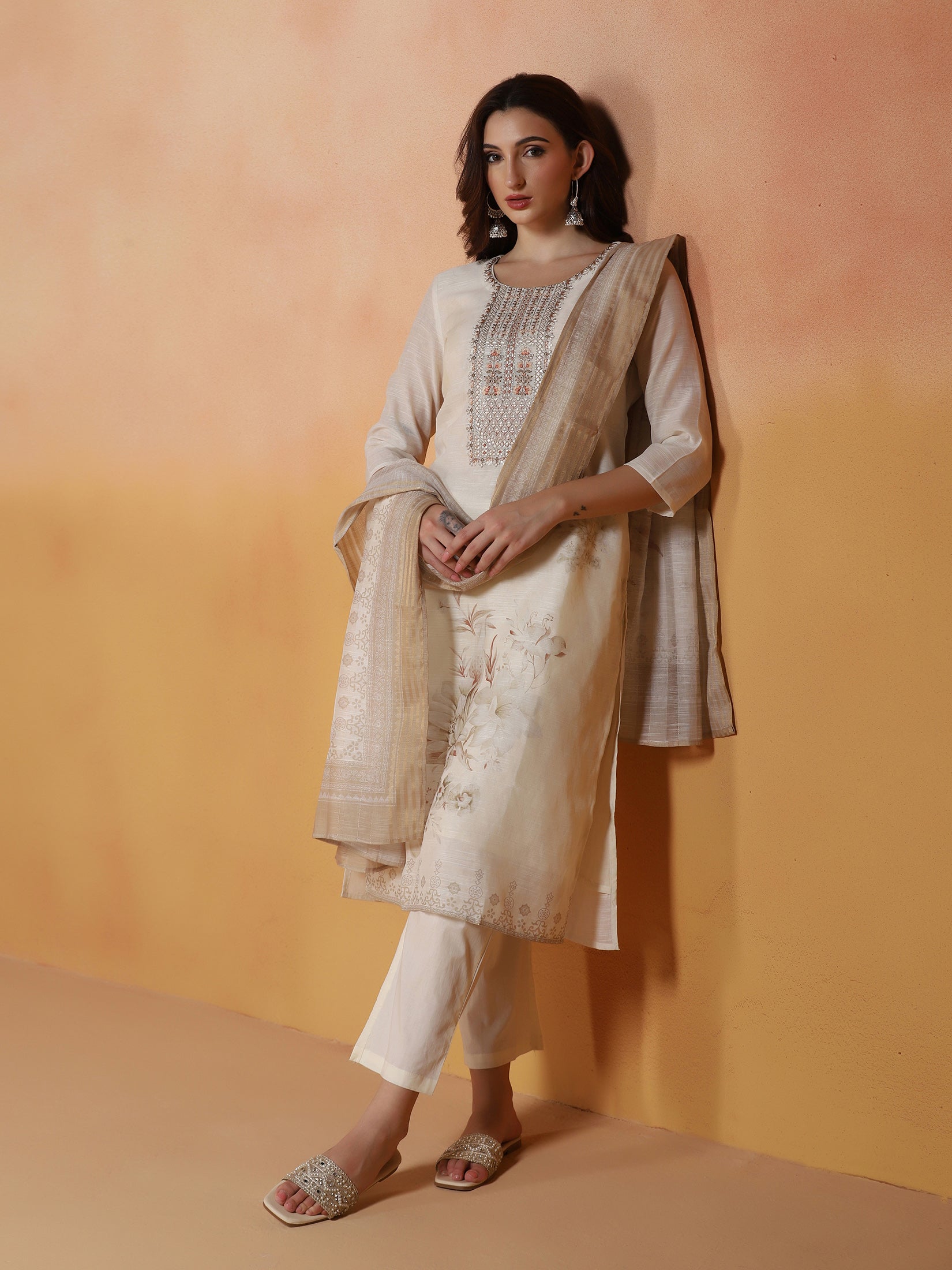 Women Poly Viscose Linen Off White Embroidered Kurta Comfort Pant Dupatta