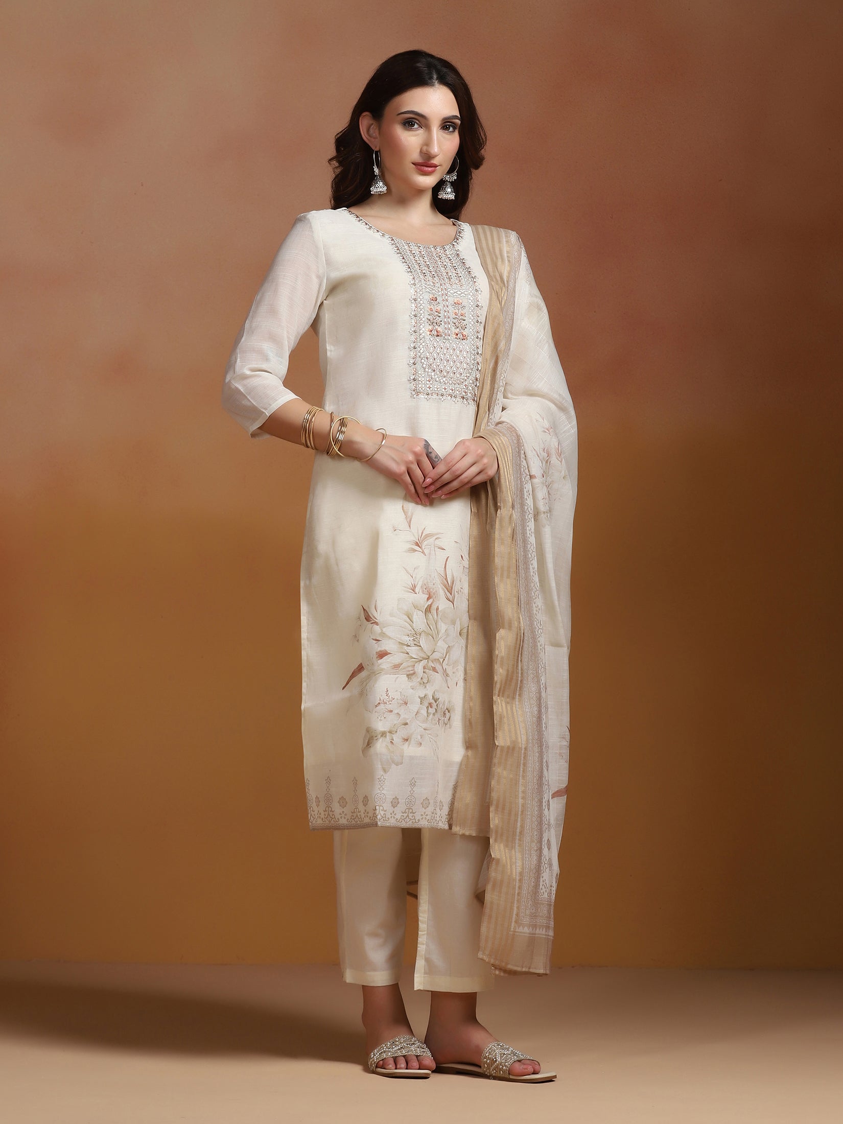 Women Poly Viscose Linen Off White Embroidered Kurta Comfort Pant Dupatta