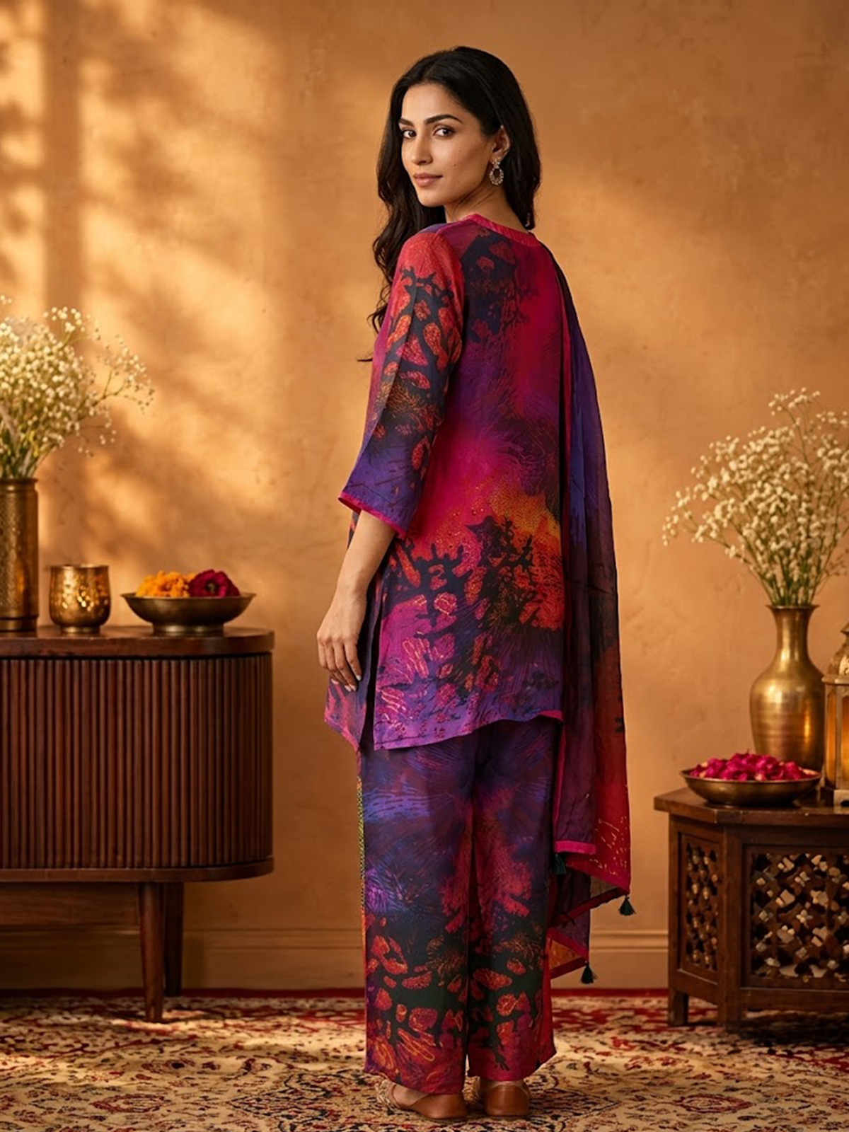 Women Pink Multi Cosmic Kurta Wide Leg Pant Dupatta