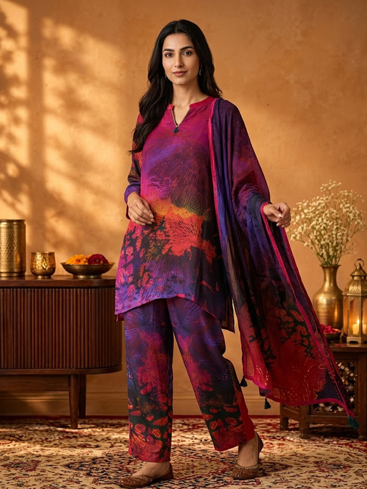 Women Pink Multi Cosmic Kurta Wide Leg Pant Dupatta