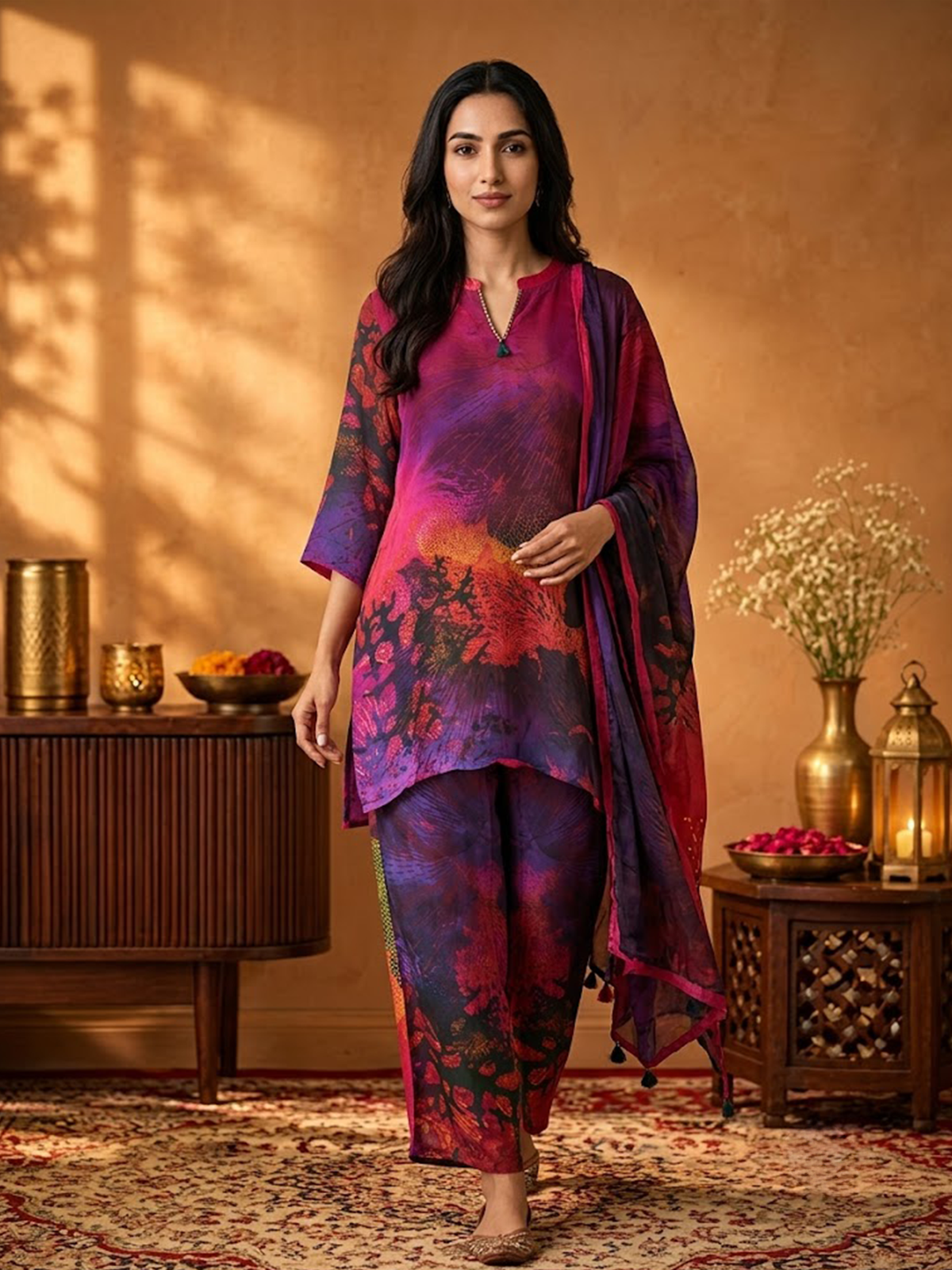 Women Pink Multi Cosmic Kurta Wide Leg Pant Dupatta