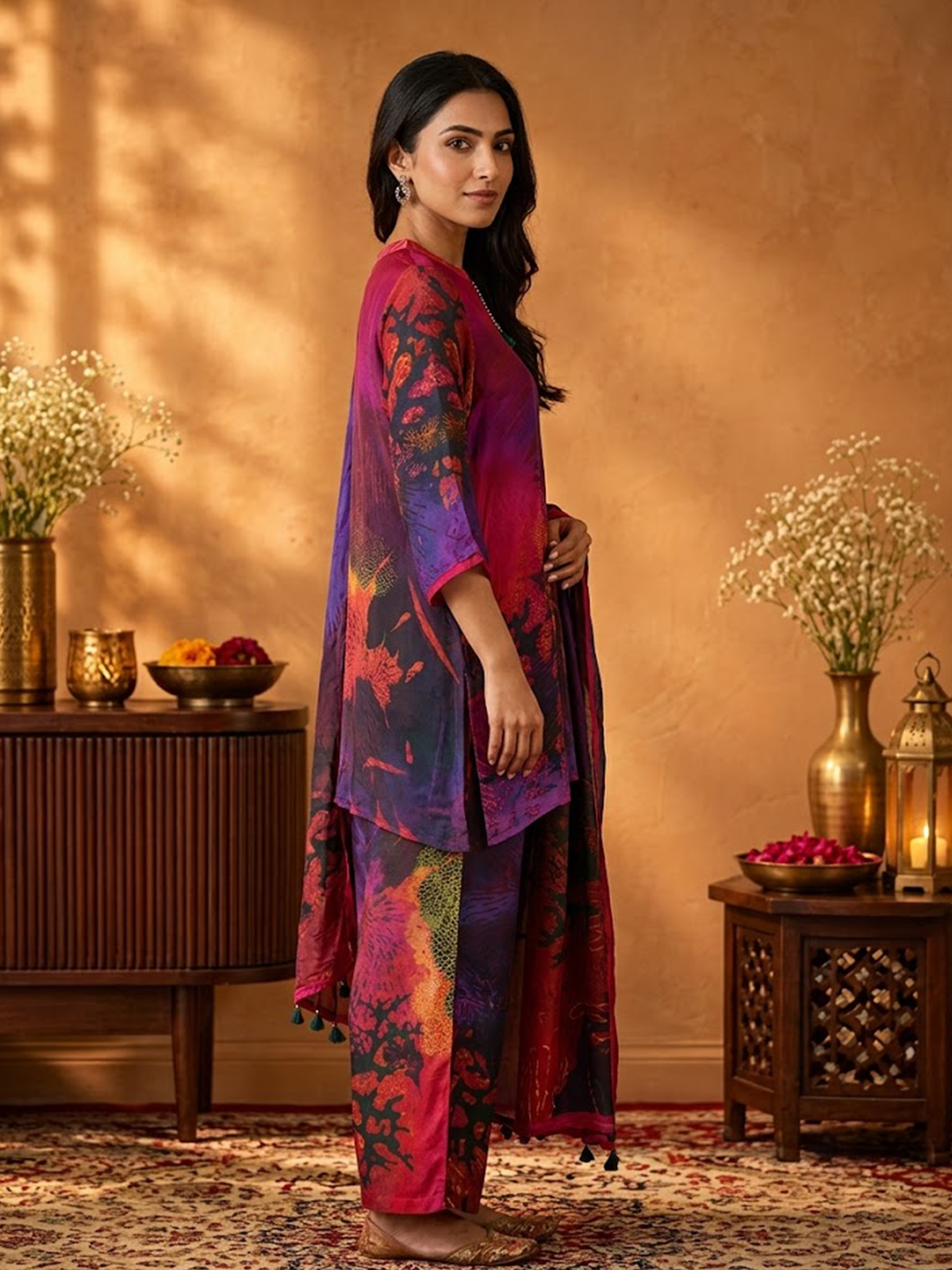 Women Pink Multi Cosmic Kurta Wide Leg Pant Dupatta