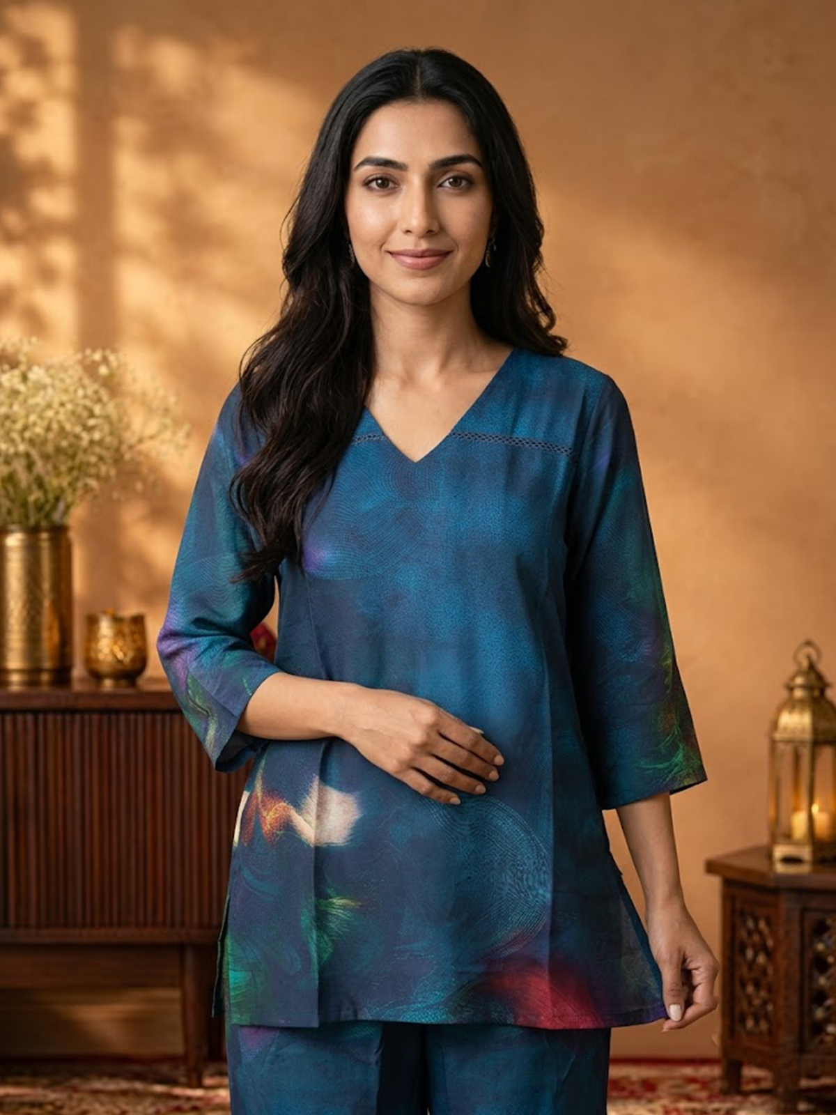 Women Blue Cosmic Kurta With Wide Leg Pant