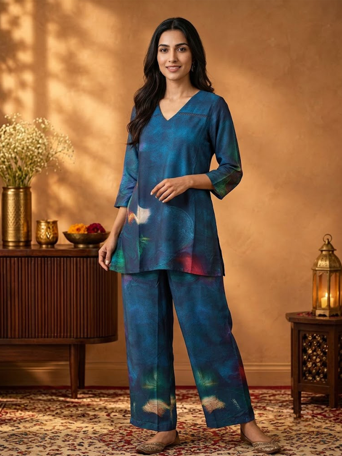 Women Blue Cosmic Kurta With Wide Leg Pant